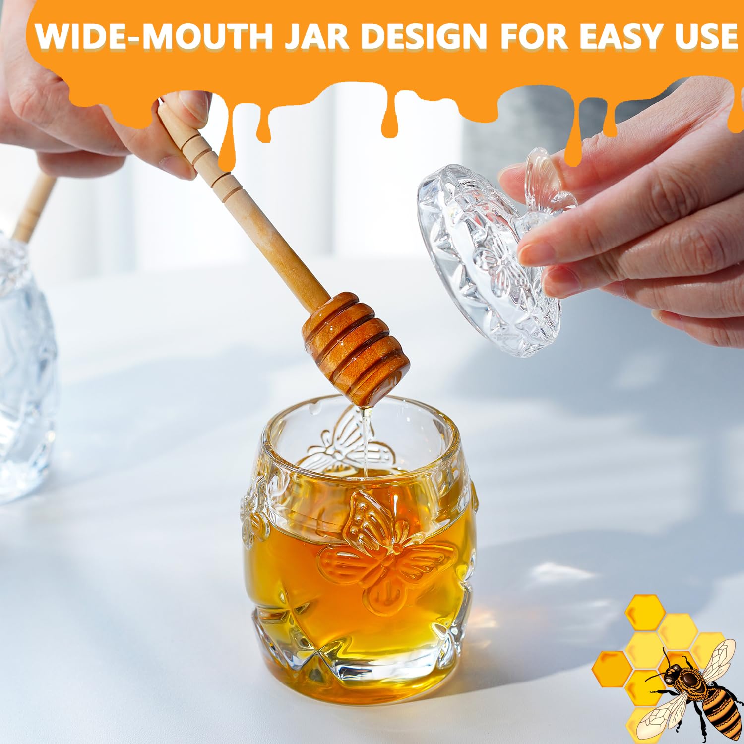 Premium Clear Crystal Honey Jar with Dipper & Lid - 4.5oz Glass Honey Pot for Home Kitchen - Perfect for Tea, Coffee, Breakfast & Gift Giving