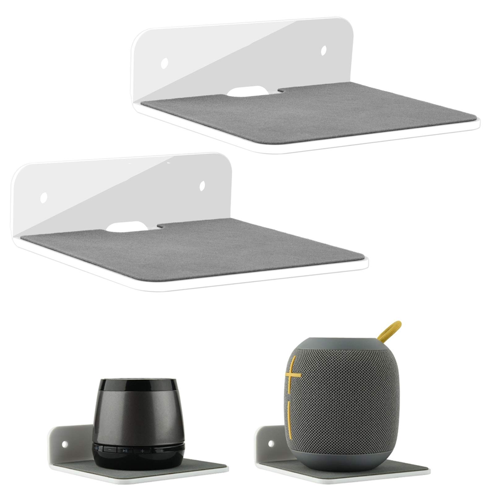 AOFETE Acrylic Floating Wall Shelf Speaker Stand - 2 Pack Transparent Wall Mount Shelves for Webcam, Speaker, Cell Phone, Mesh Router, Action Figures & Cable Management | Space-Saving Home Office & Gaming Setup Solution