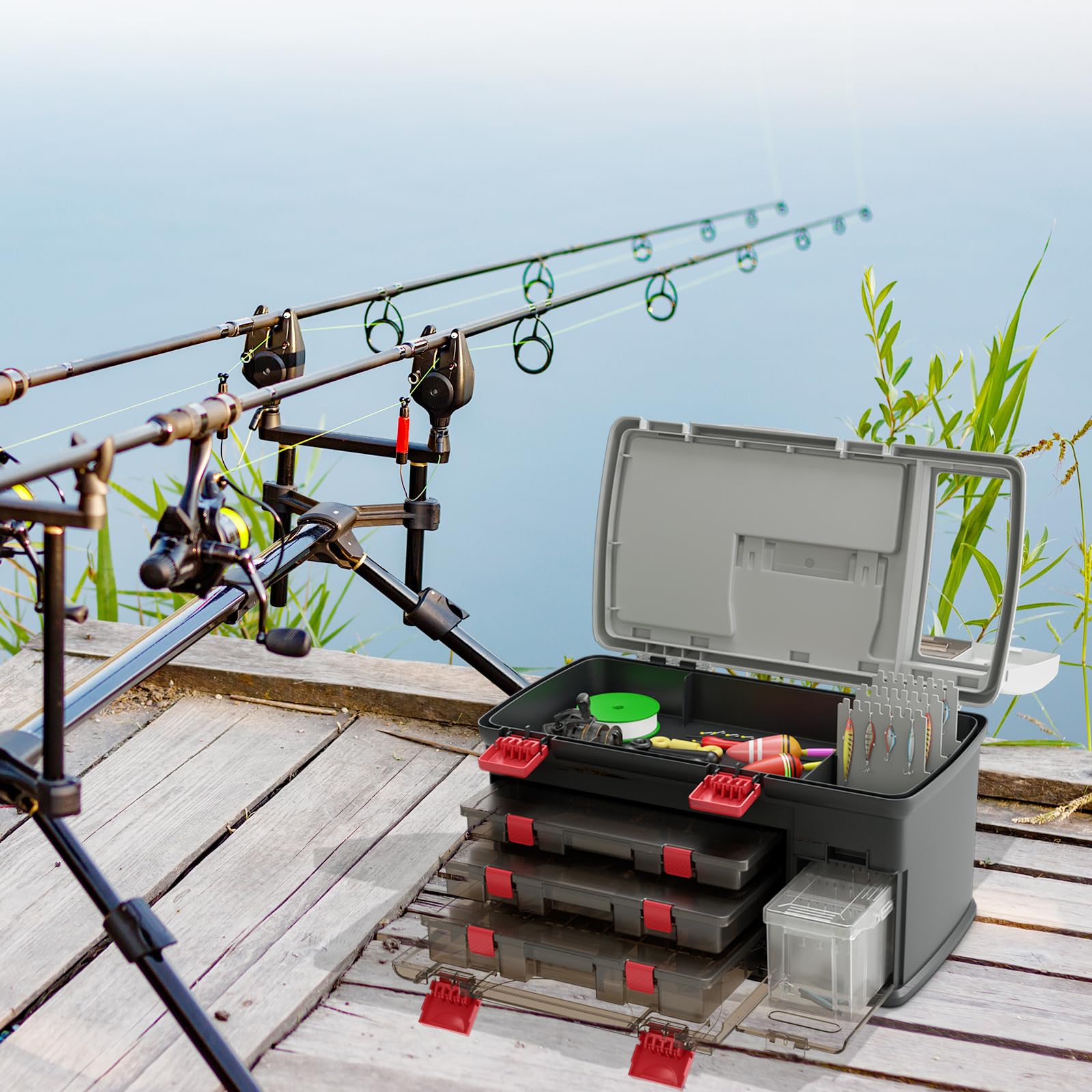 Goplus Large Fishing Tackle Box - Portable Waterproof Storage Organizer with 3 Adjustable Compartments, Side Storage & Double-Layer Top Compartment - Perfect for Fishing Gear, Camping Tools & Outdoor Equipment Organization