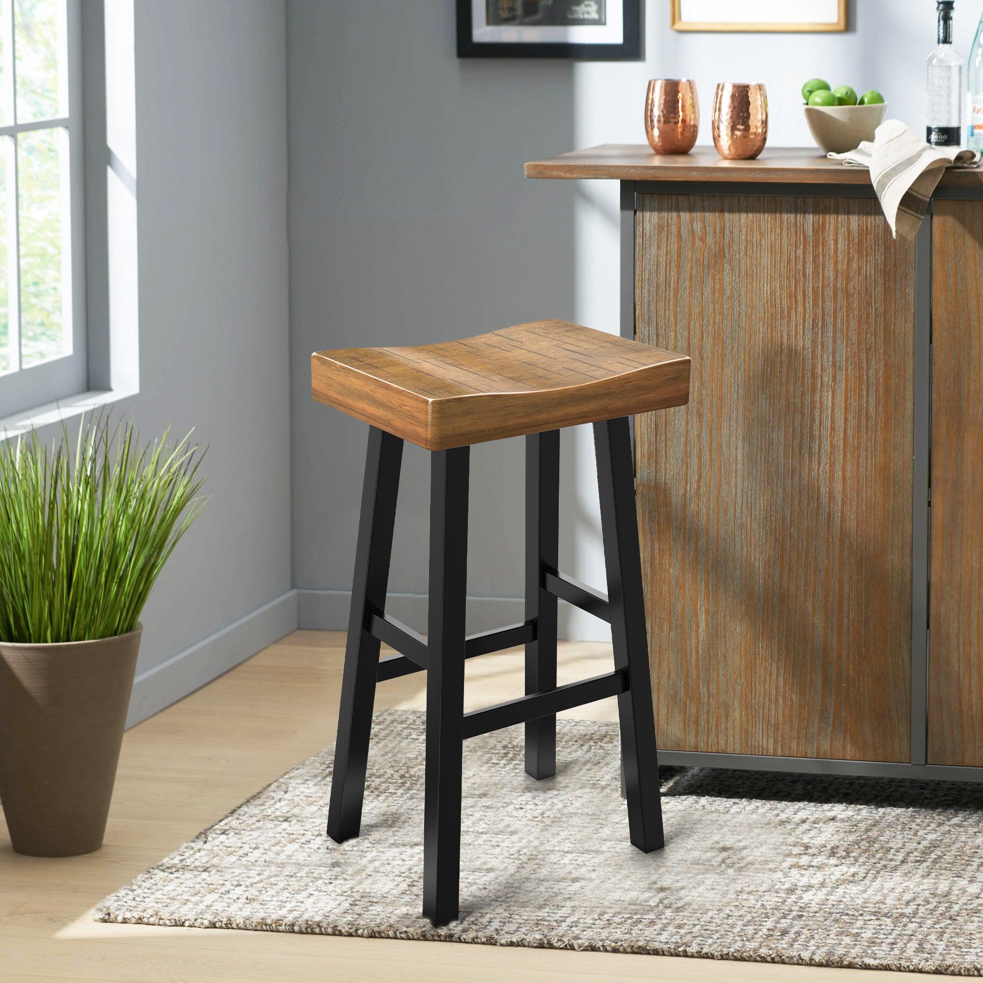 Set of 2 Farmhouse Solid Wood Bar Stools - Backless Saddle Seat Counter Height Chairs for Kitchen Island, Breakfast Nook & Home Office - Perfect for Rustic Decor, Dining & Small Space Living