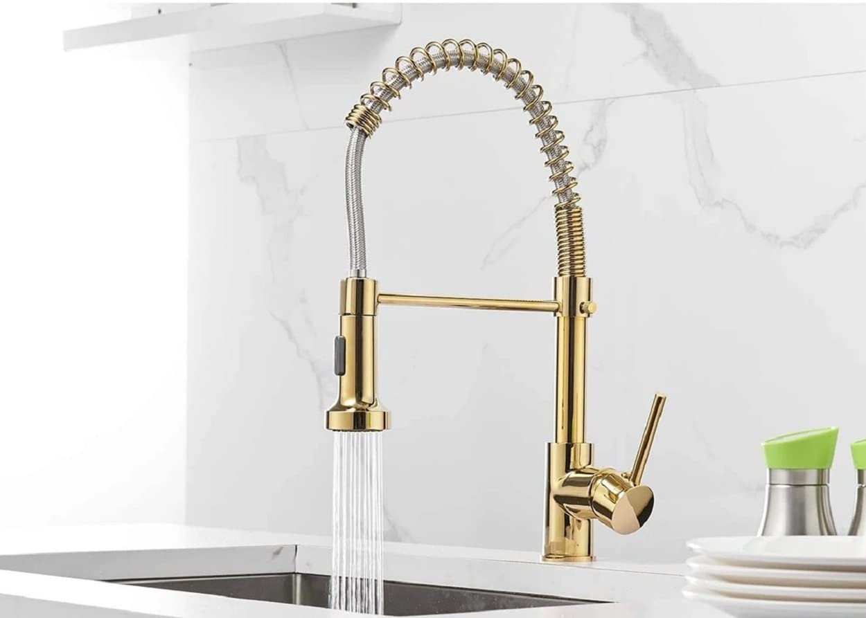Brass Kitchen Sink Faucet with Dual Sprayer - Hot & Cold Water Mixer Tap with 360° Swivel Spout & Pull Out Spray - Gold Finish for Modern Home Kitchen Renovation