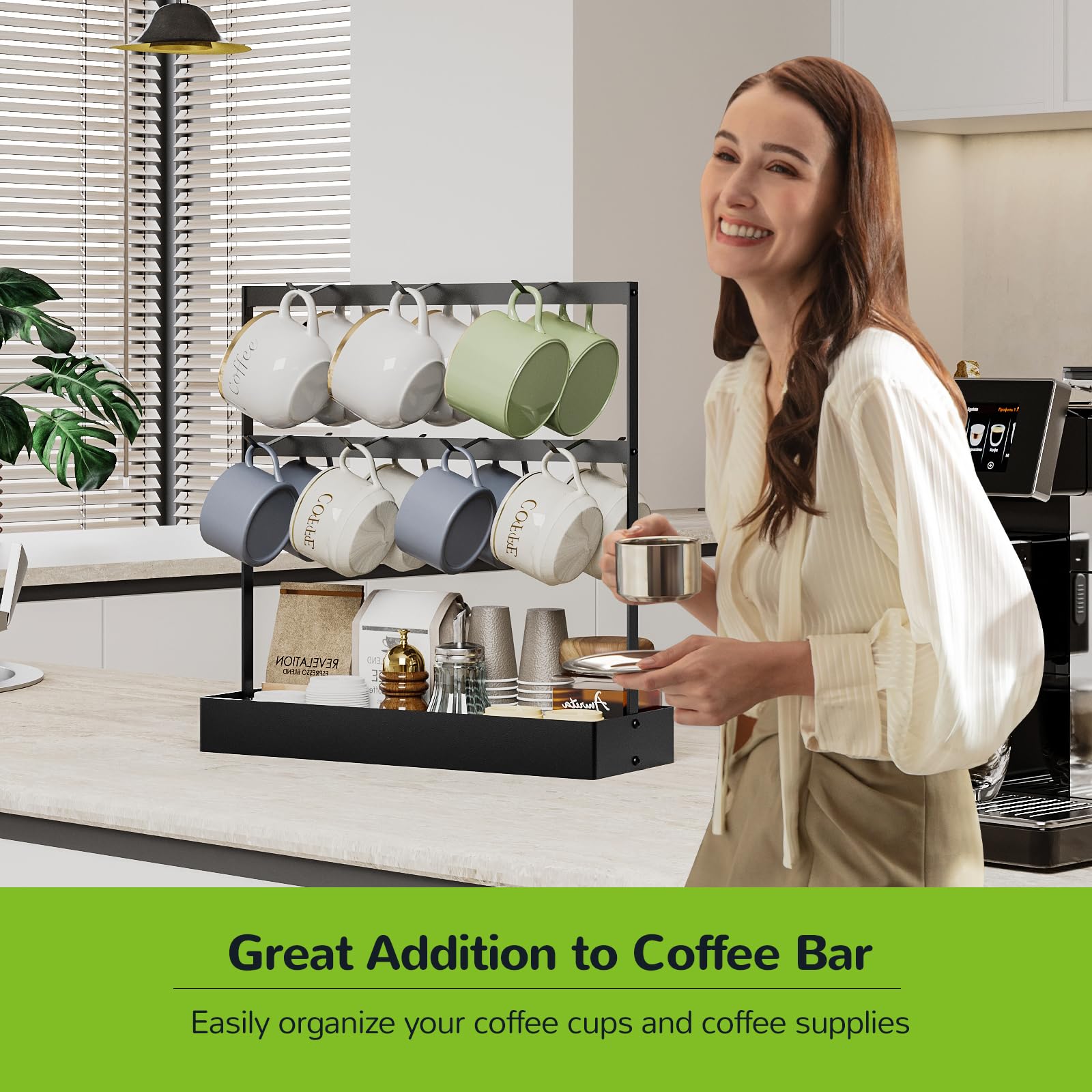 14-Cup Coffee Mug Holder with Hooks - 2-Tier Mug Tree Rack with Storage Base for Coffee Pods, Sugar Bags & Paper Cups | Space-Saving Countertop Organizer | Perfect Gift for Coffee Lovers (Home, Office, Cafe Use)