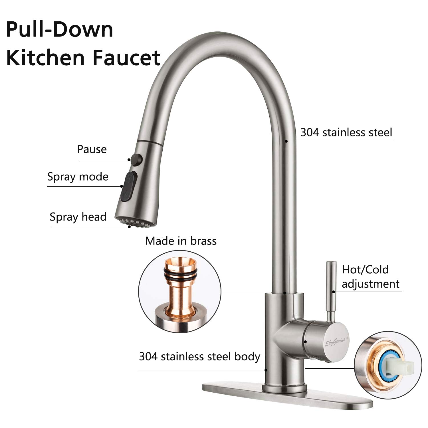Stainless Steel Pull Down Kitchen Faucet for Modern Sinks
