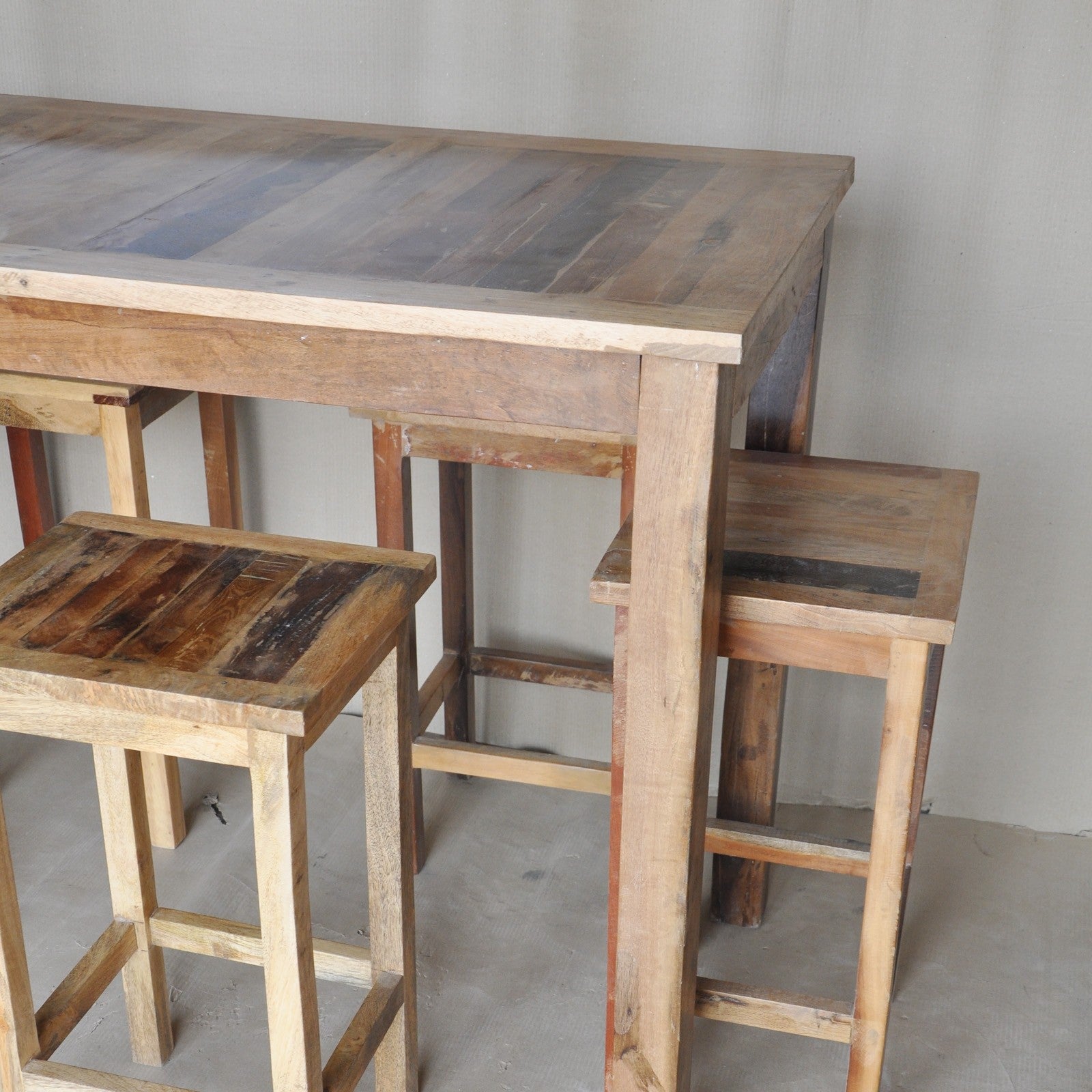 Reclaimed Wood & Mango Wood Bar Table Set with 4 Stools - Rustic Natural Finish for Kitchen, Dining Room or Outdoor Patio Decor