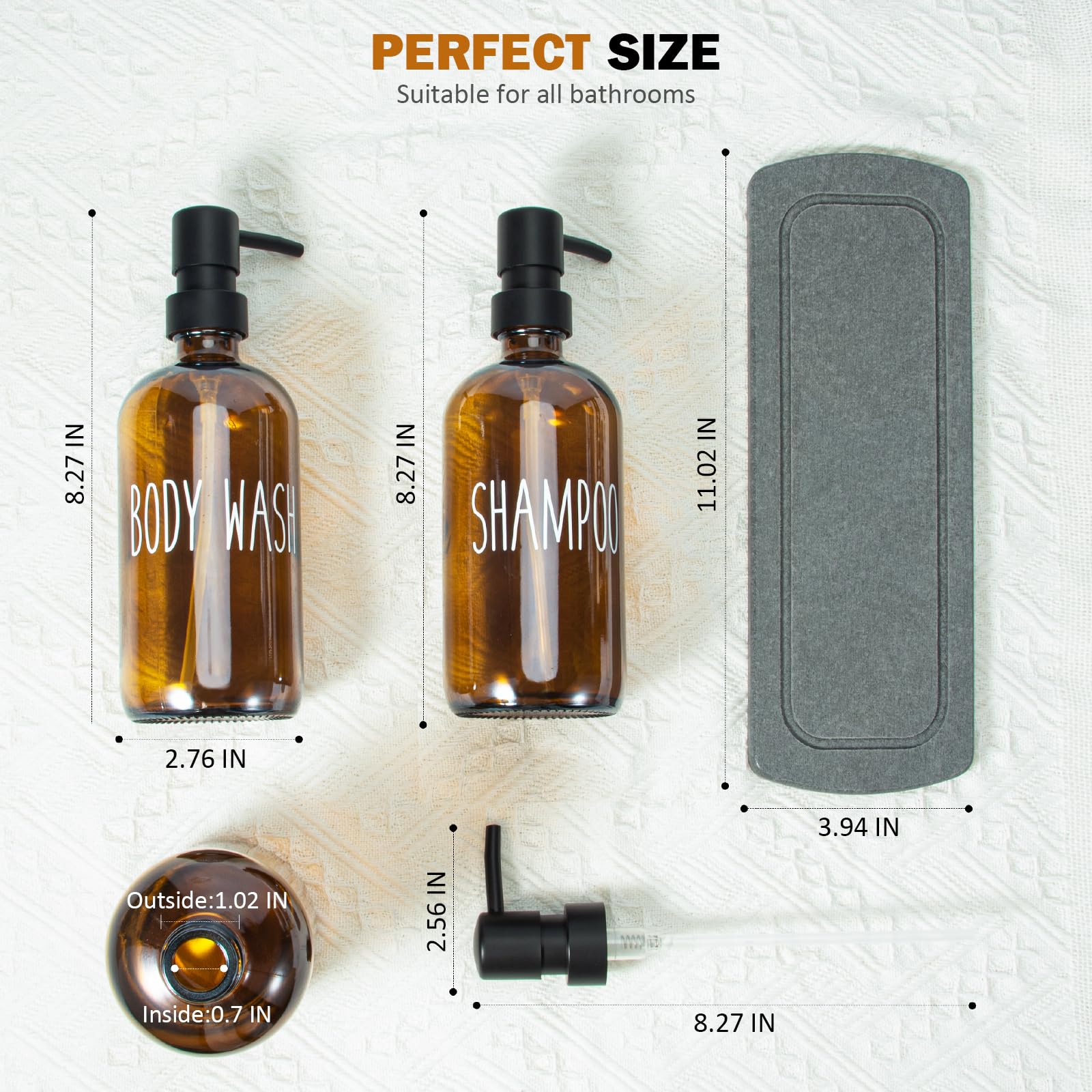 Premium Glass Shampoo & Conditioner Dispenser Set with Diatomite Tray - Refillable Pump Bottles for Body Wash & Liquid Soap | Elegant Bathroom Countertop Organizer for Shower, Spa & Home Decor