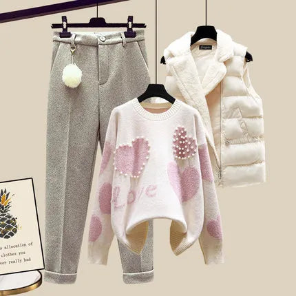 Women's 3-Piece Winter Sweater Set - Korean Fashion Heart Beaded Knitwear + Lambswool Vest + Pants Suit | Warm Autumn Winter Outfit for Office, Dating & Casual Wear