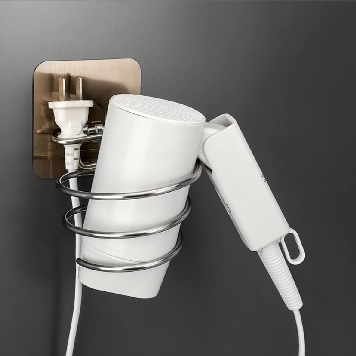 SHFTI Wall Mount Hair Dryer Holder - Spiral Spring Blow Dryer Stand for Salon & Bathroom Organization - Silver (Perfect for Styling Tools Storage in Home & Professional Use)