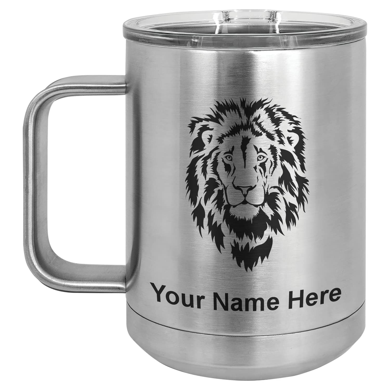 LaserGram 15oz Vacuum Insulated Stainless Steel Coffee Mug with Lion Head Design - Personalized Engraving Included | Keeps Drinks Hot/Cold for Hours | Perfect for Office, Travel, Camping & Outdoor Activities