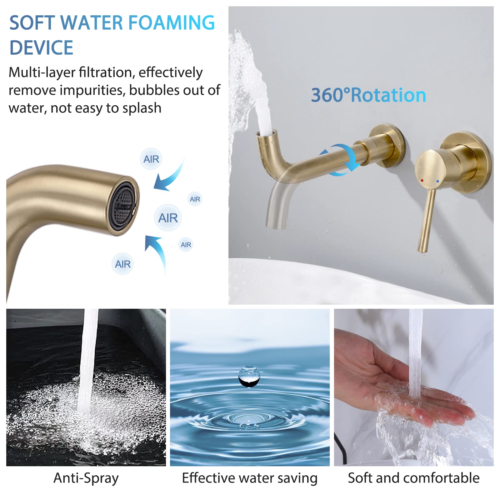 HMEGAO Brushed Gold Wall Mount Bathroom Faucet - Single Handle Sink Faucet with Rough-in Valve - Perfect for Modern Bathroom & Powder Room Renovations