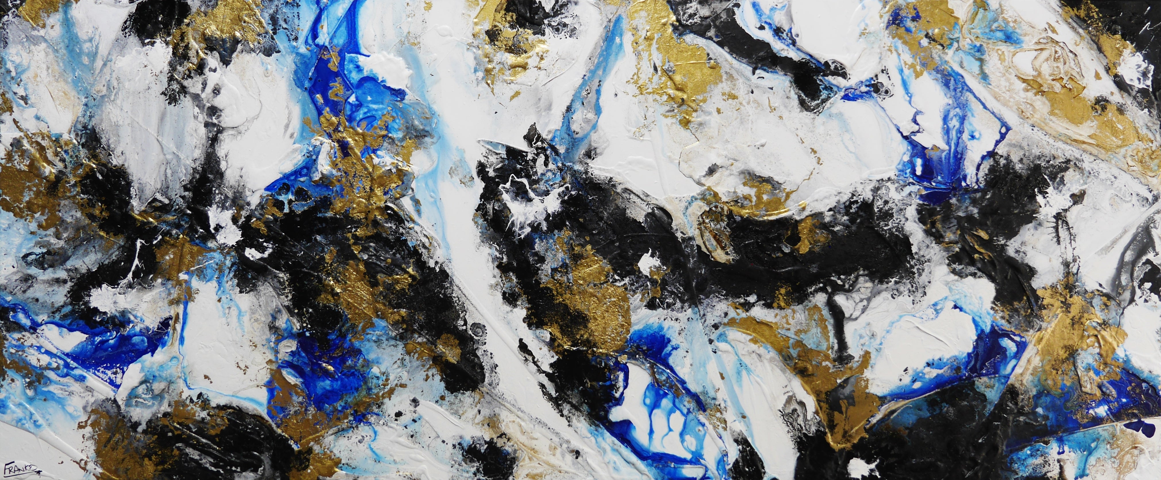 Golden Genesis 240x100cm Blue White Metallic Gold Textured Abstract Wall Art Painting - Modern Home Decor for Living Room, Bedroom & Office