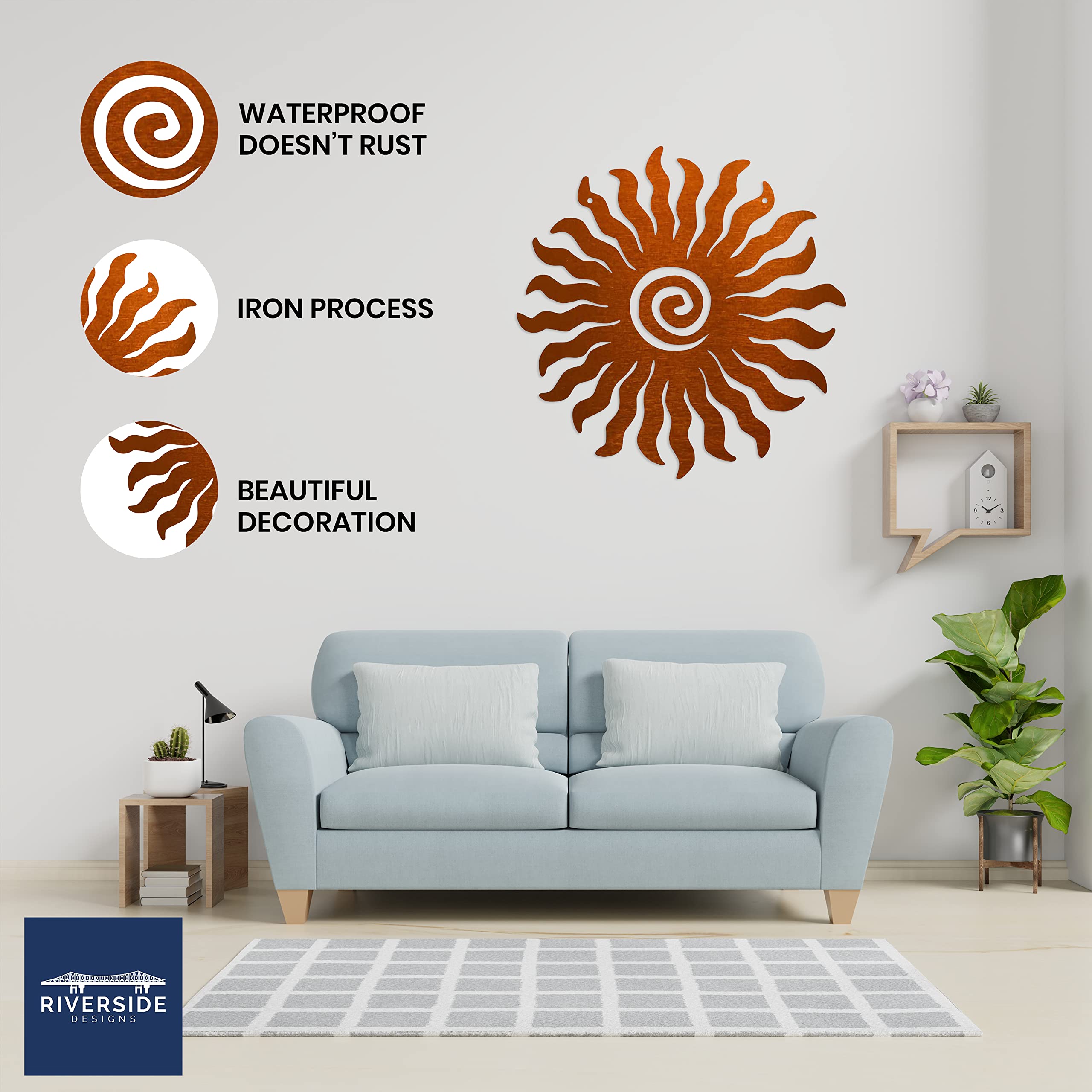 Riverside Designs Sunburst Metal Wall Art - Heavy-Duty Waterproof Steel Outdoor Decor for Patio, Garden & Backyard - Made in USA (36 Inch, Copper Finish)