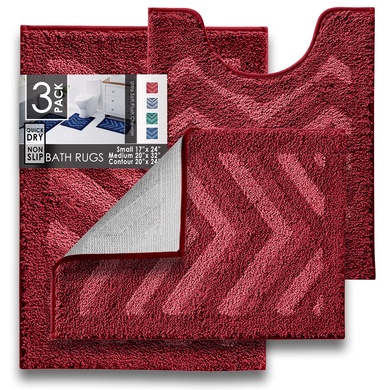 Clara Clark Ultra Soft Shaggy Plush Bath Mat Set - Non-Slip Rubber Backing, Chevron Design, 3-Piece Bathroom Rug Set in Red | Perfect for Bathroom, Shower, and Vanity Areas
