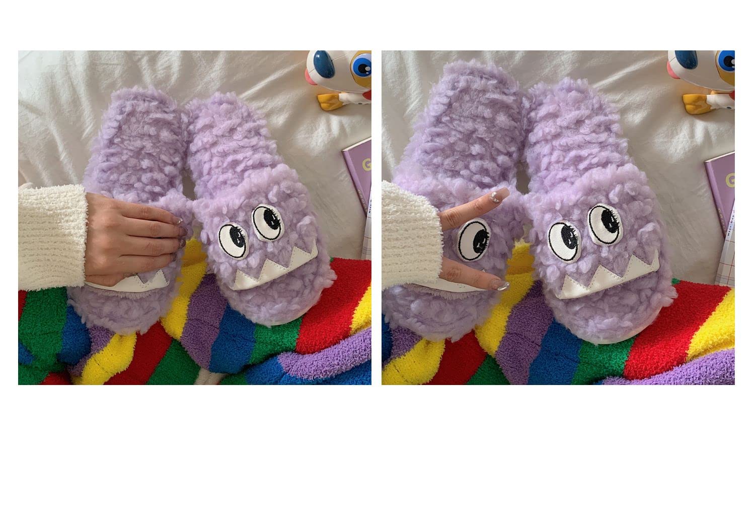 Funny Eyes Fuzzy Slippers - Fluffy Kawaii House Slippers for Women | Cozy Cute Indoor/Outdoor Slippers for Home, Lounge & Gifts