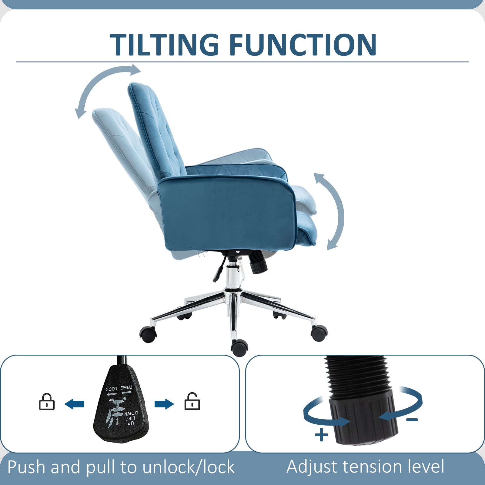 Vinsetto Velvet Home Office Chair - Adjustable Height, Swivel Wheels & Padded Armrests, Tufted Computer Desk Chair in Blue | Ergonomic Support for Work, Gaming & Study