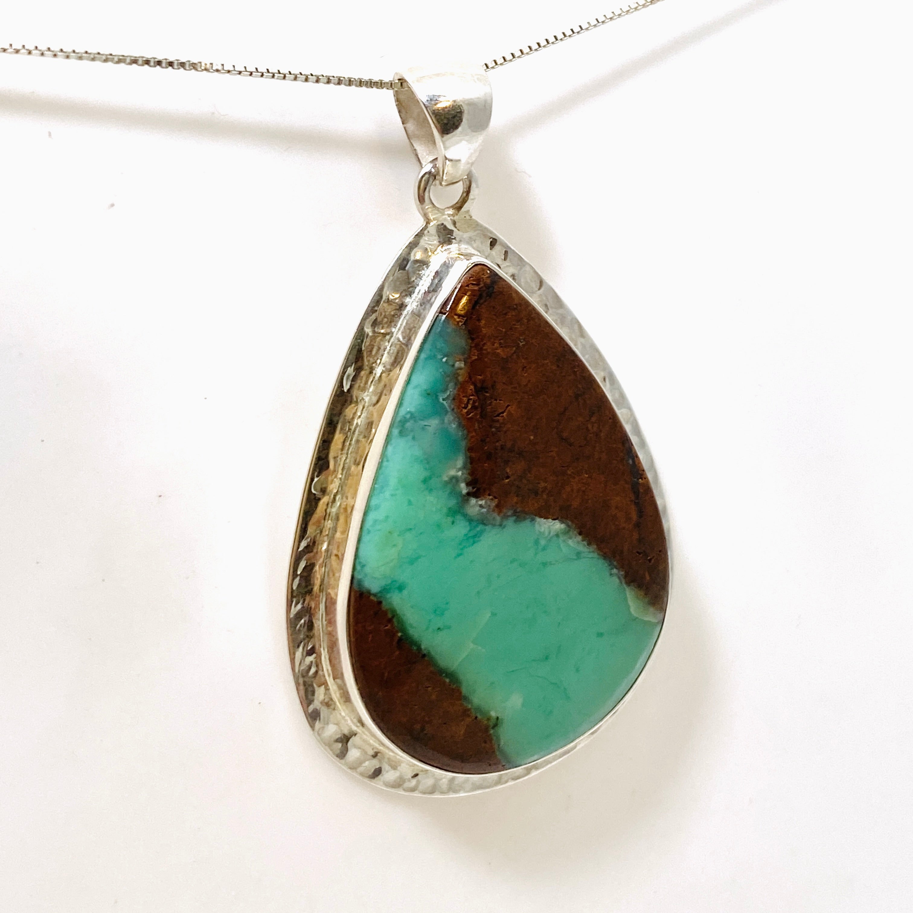 Natural Chrysoprase Teardrop Cabochon Pendant in Handcrafted Hammered Silver Setting KPGJ4714 | Elegant Jewelry Gift for Women, Perfect for Weddings & Special Occasions