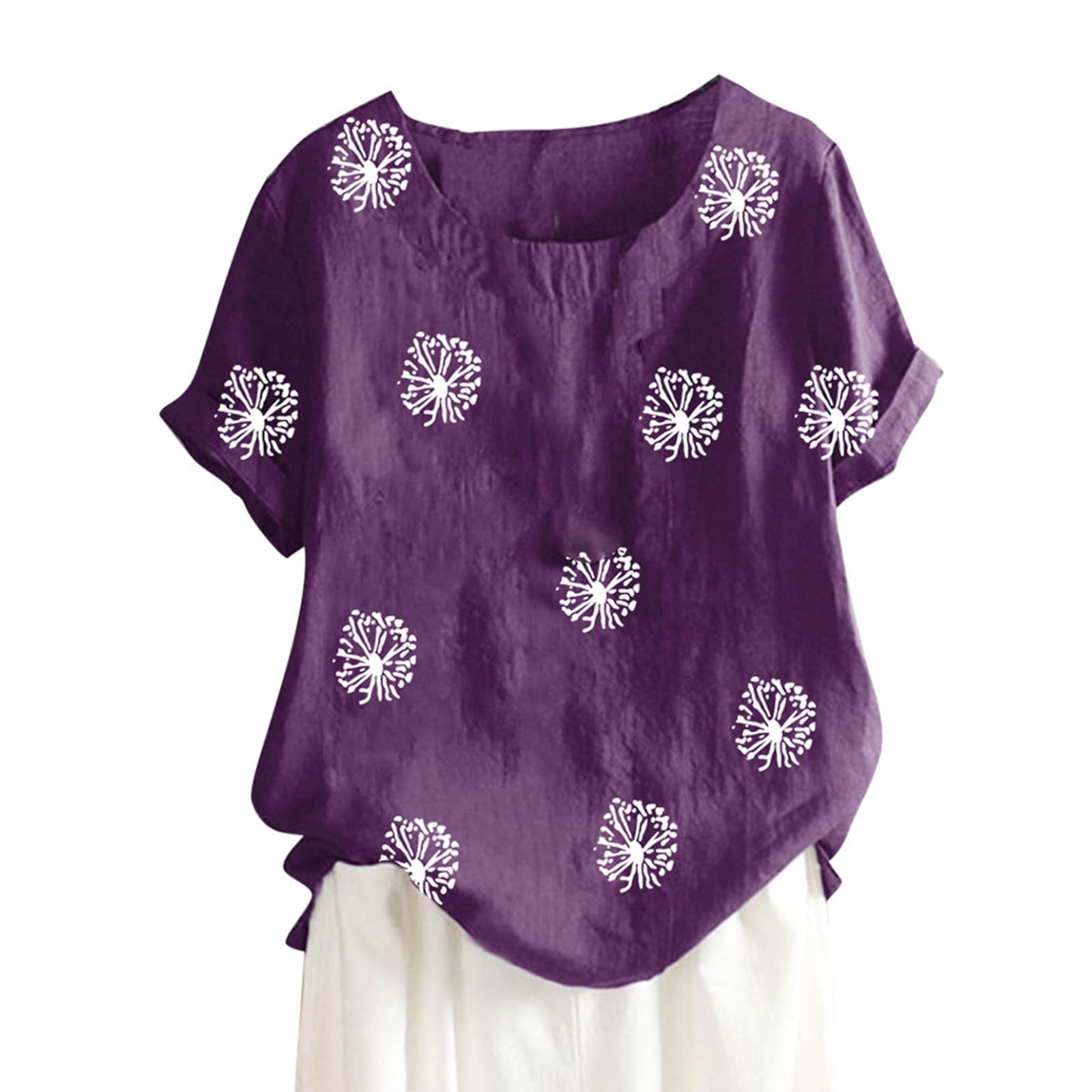 Women's Casual Cotton Linen Shirt - 3/4 Sleeve Crew Neck Loose Fit Tunic Top with Side Split | Comfortable Summer Blouse for Work, Travel & Everyday Wear