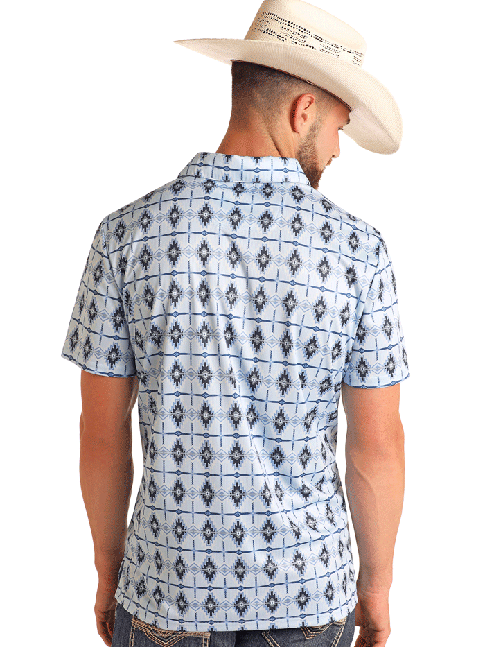 Rock & Roll Denim BM51T05992 Men's Aztec Printed Polo Shirt - Baby Blue Casual Wear for Summer Outings & Music Festivals