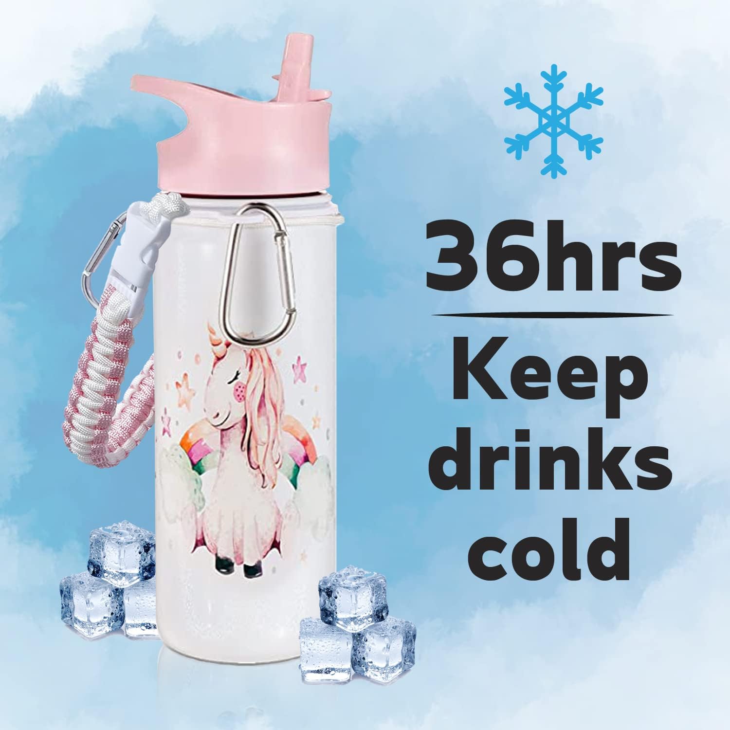 18oz Unicorn Stainless Steel Water Bottle - Leak Proof, 36-Hour Cold Retention, Dishwasher Safe, Wide Mouth with Straw & Removable Handle - Double Wall Vacuum Insulated for School, Gym, Hiking & Outdoor Activities