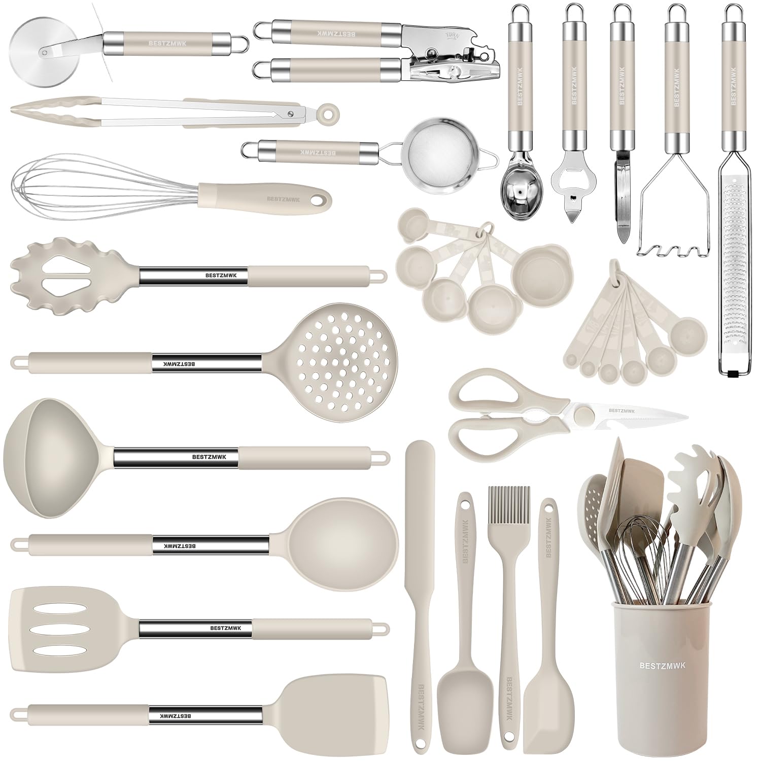 33-Piece Non-Stick Silicone Kitchen Utensil Set with Stainless Steel Handles & Holder - Spatulas, Ladles, Tongs for Cooking & Baking - Perfect for Home Chefs & Professional Kitchens (Khaki)
