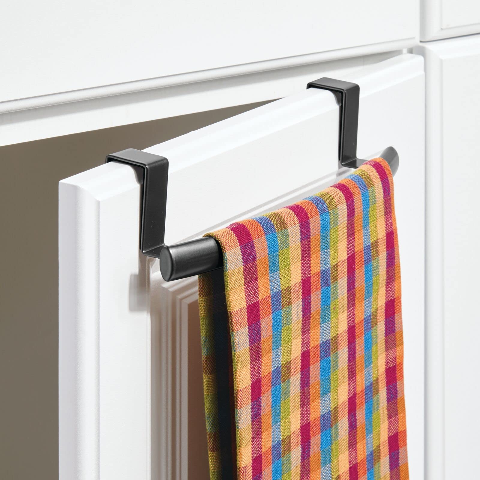 mDesign Steel Over Door Curved Towel Bar Storage - 2 Pack Black Spira Collection - Space-Saving Hanger for Cabinet, Cupboard, Kitchen & Bathroom - Holds Hand Towels, Dish Towels & Washcloths - Perfect for Small Spaces, Apartments & Dorm Rooms