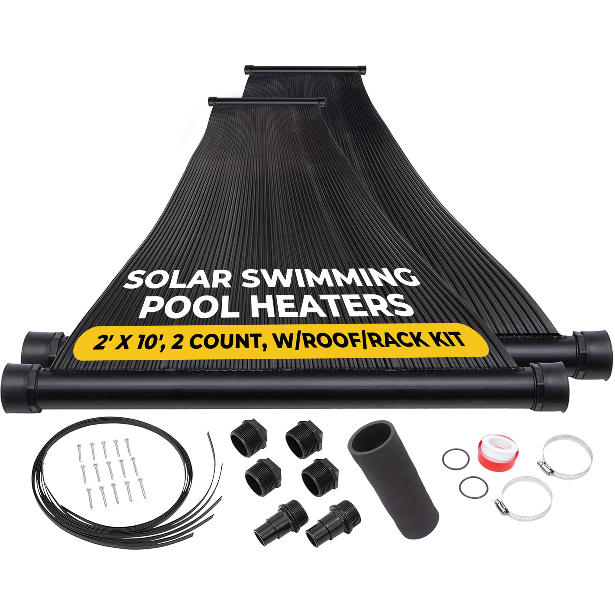 SunQuest Solar Pool Heater Panels - 2 Pack (2ft x 10ft) Solar Water Heating Collectors with Roof/Rack Kit - Energy Efficient Above Ground & Inground Pool Heater - DIY Installation, UV Resistant Polypropylene Panels - Perfect for Backyard Swimming Pools, Spas & Hot Tubs