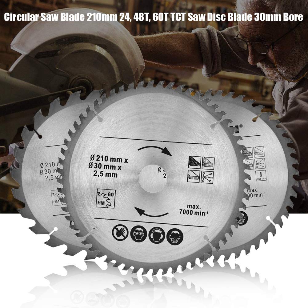 Premium 210mm Circular Saw Blades Set - 24T/48T/60T Multi-Tooth Saw Disc with 30mm Bore (3-Pack) - Perfect for Woodworking, Metal Cutting & DIY Projects