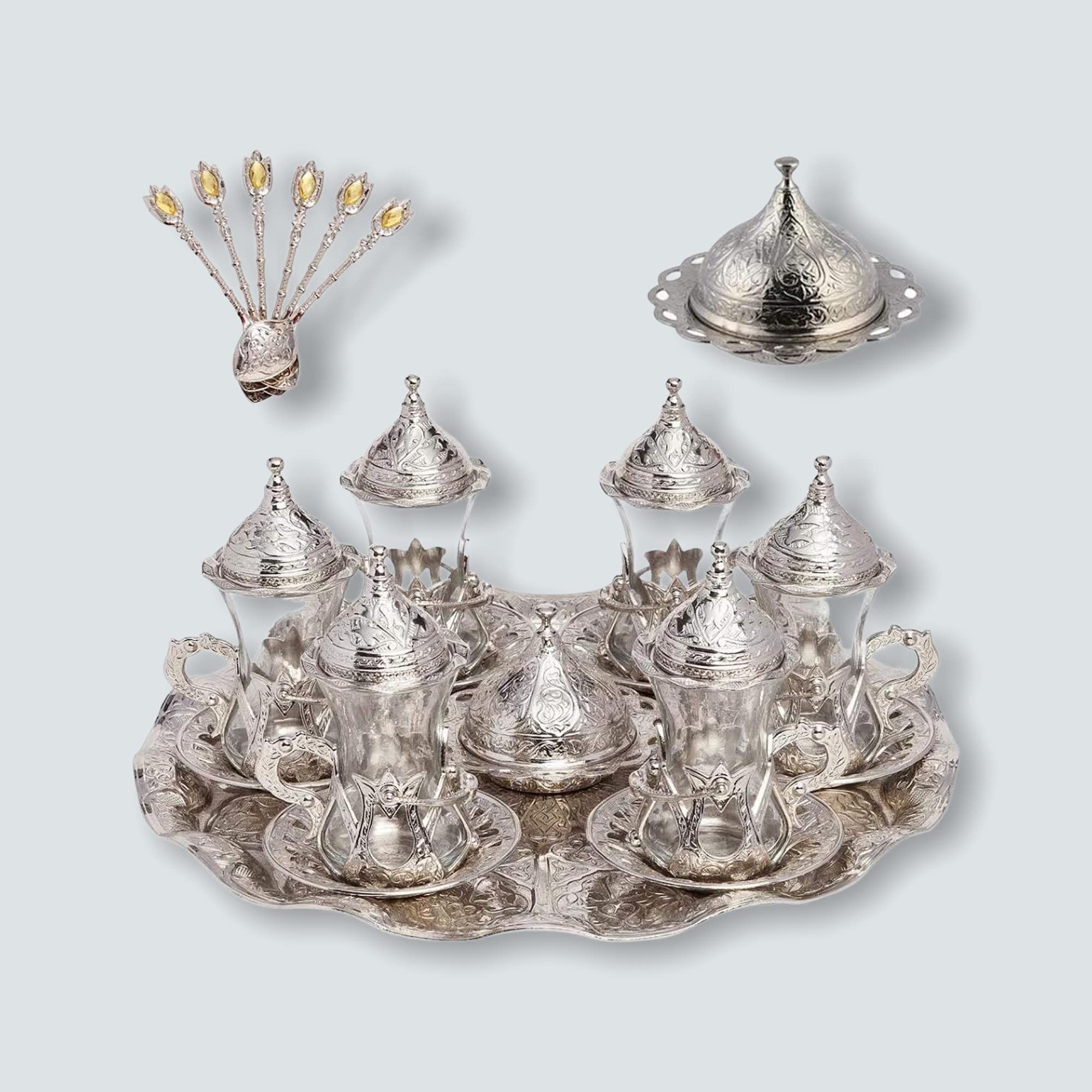 Handmade Turkish Tea Set with Zamzam Water Glasses, Saucer, Tray & Spoon (Silver) - Perfect for Traditional Tea Ceremonies, Home Decor & Gift Giving