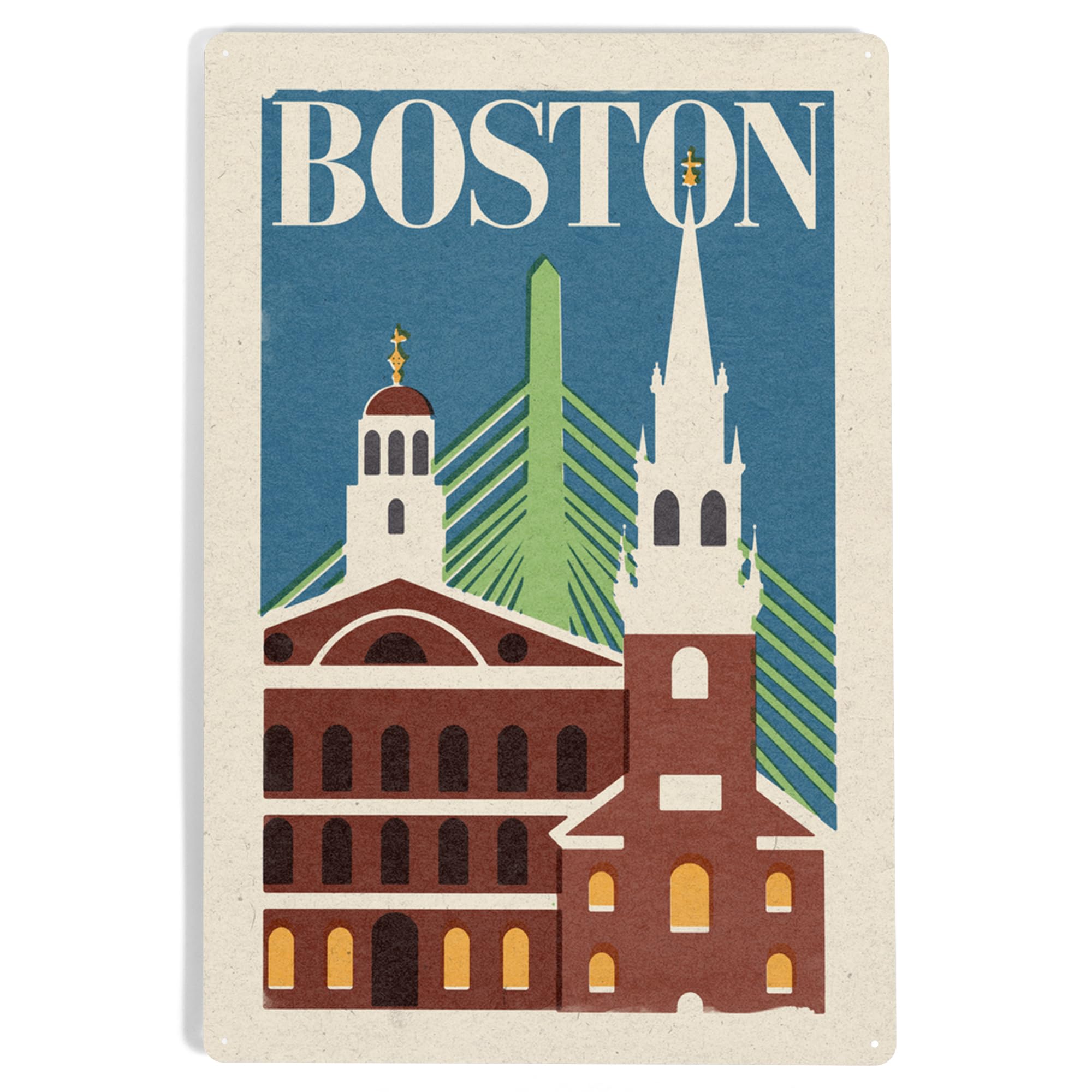 Vintage Boston Massachusetts Woodblock Metal Sign 12x18 Inch - Lantern Press - Perfect for Home, Office, Bar & Man Cave Decor