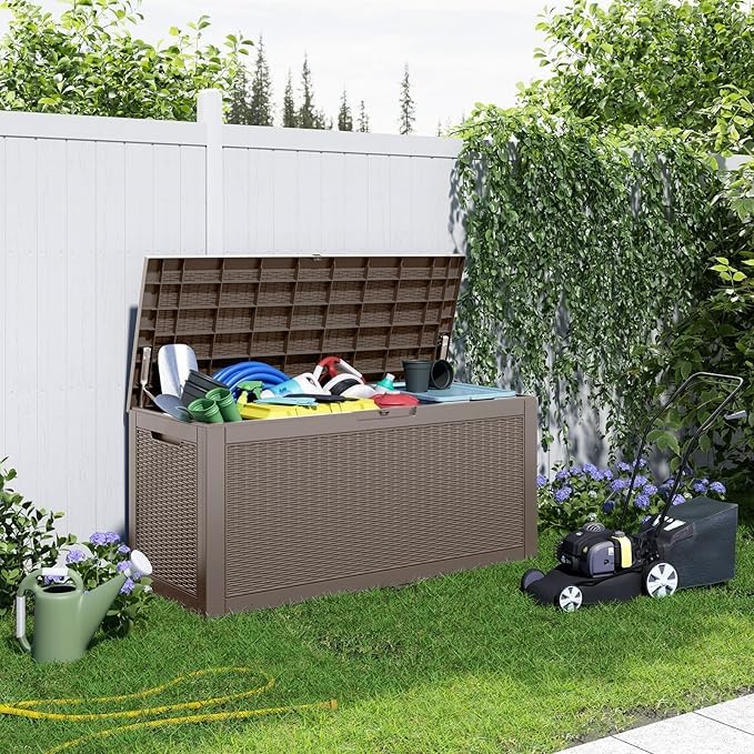 ROJIK 100 Gallon Outdoor Storage Deck Box - Waterproof Patio Furniture Cover, Garden Tools Organizer, Pool Accessories & Cushions Storage Bench with Lockable Lid & Side Handles (Cappuccino) - Perfect for Backyard, Deck, Poolside & Garden Organization