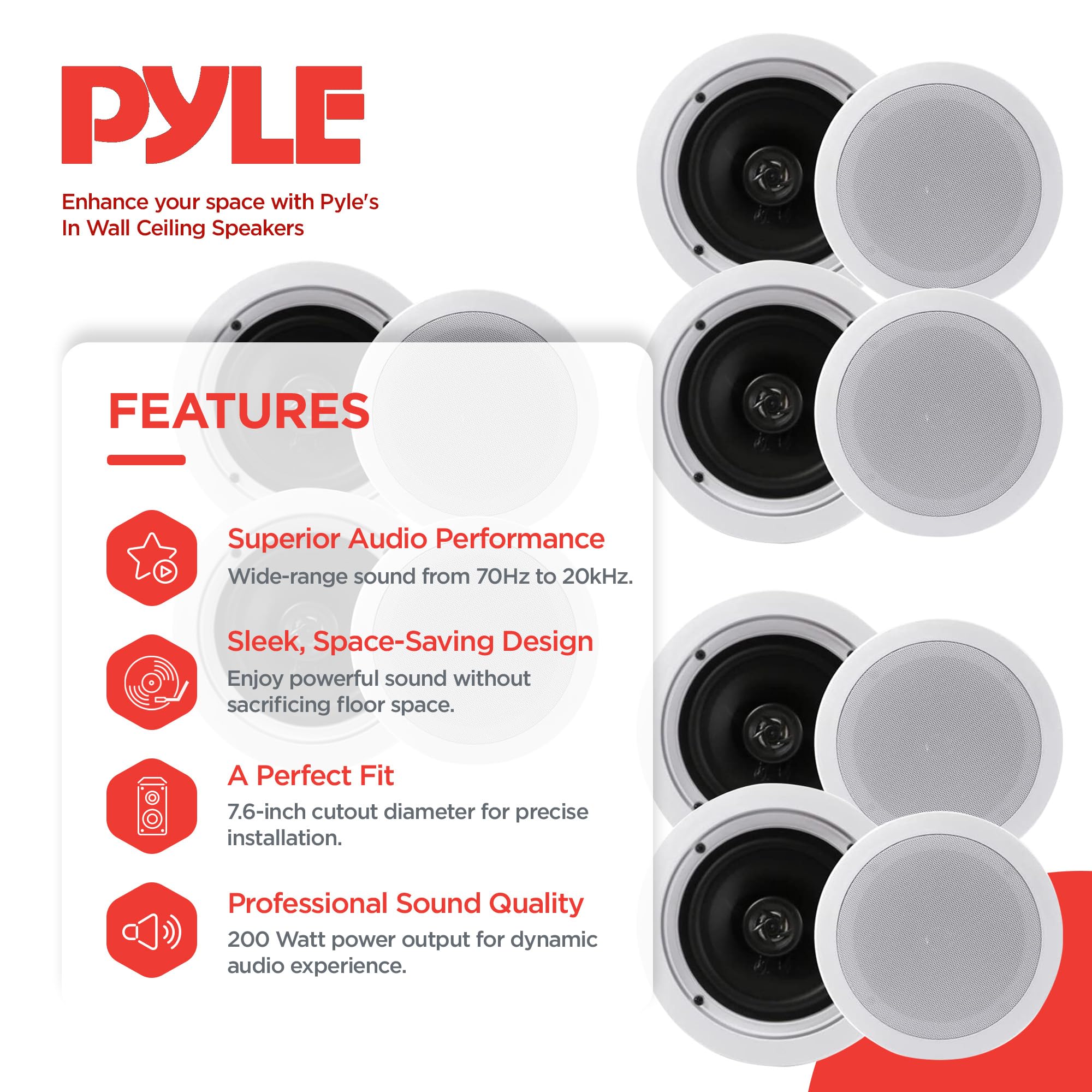 Pyle PDIC1661RD 6.5 Inch 200 Watt In-Ceiling Wall Speakers - 2 Way Flush Mount Home Indoor Speaker System Pair, White (3 Pairs) - Perfect for Home Theater, Background Music & Multi-Room Audio Systems