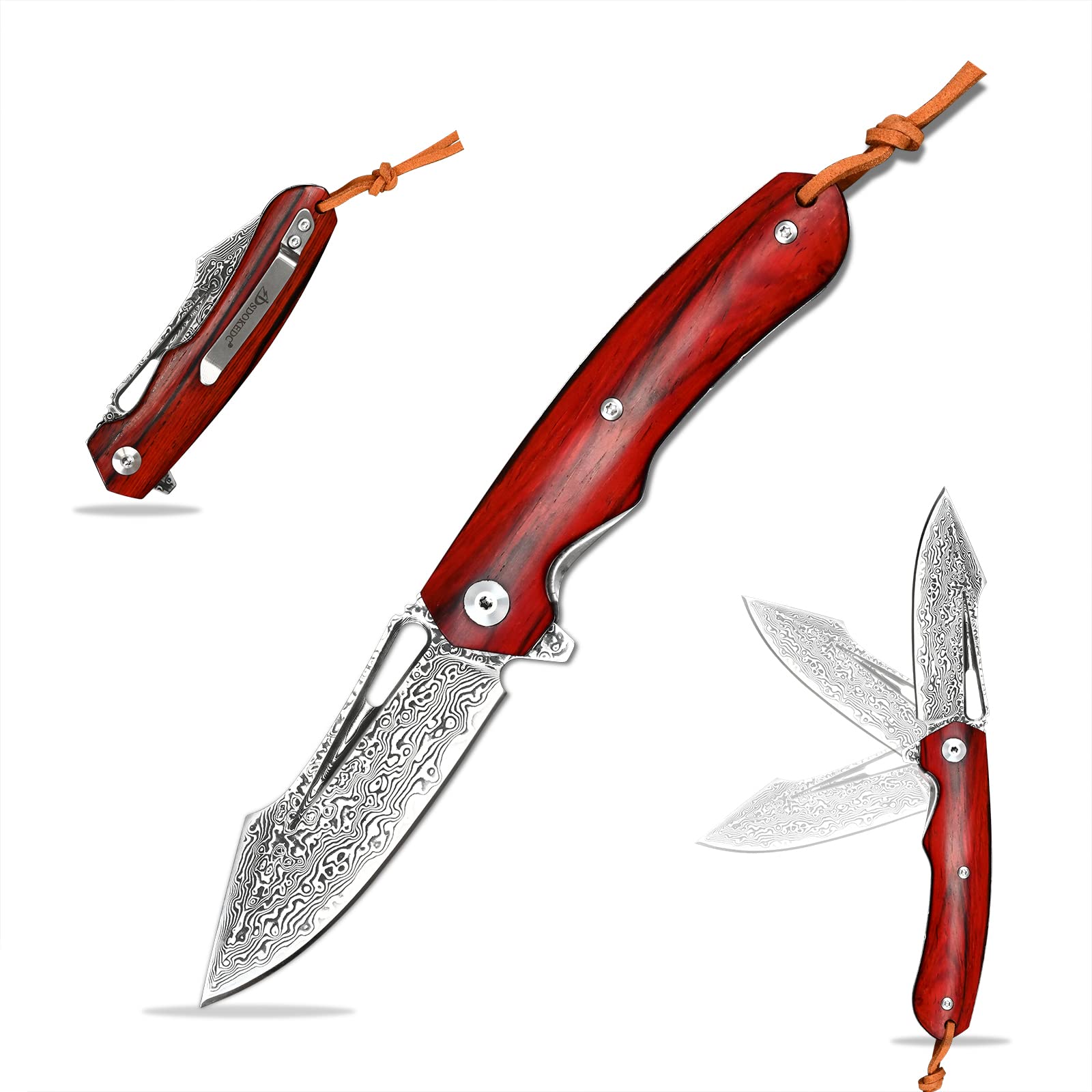 SDOKEDC SD602 VG10 Damascus Folding Pocket Knife - Tactical Military Flipper Knife with Ball Bearing, Yellow Sandalwood Handle & Liner Lock - Perfect for Outdoor Camping, Survival, Hunting, EDC & Self Defense (Red)