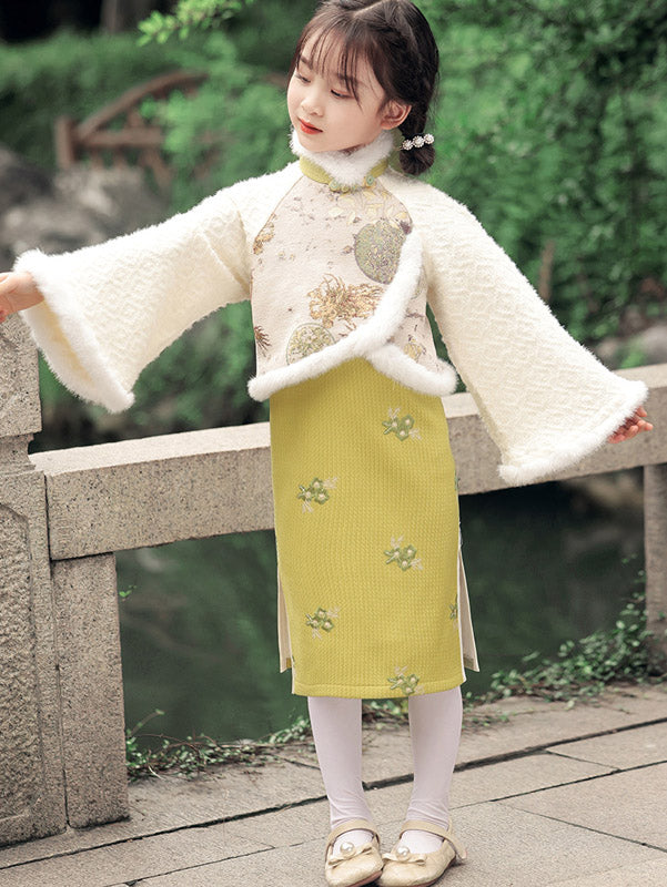 Yellow Embroidered Kids Girls Winter Qipao Cheongsam Dress - Traditional Chinese Dress for Girls | Perfect for Chinese New Year, Festivals & Special Occasions