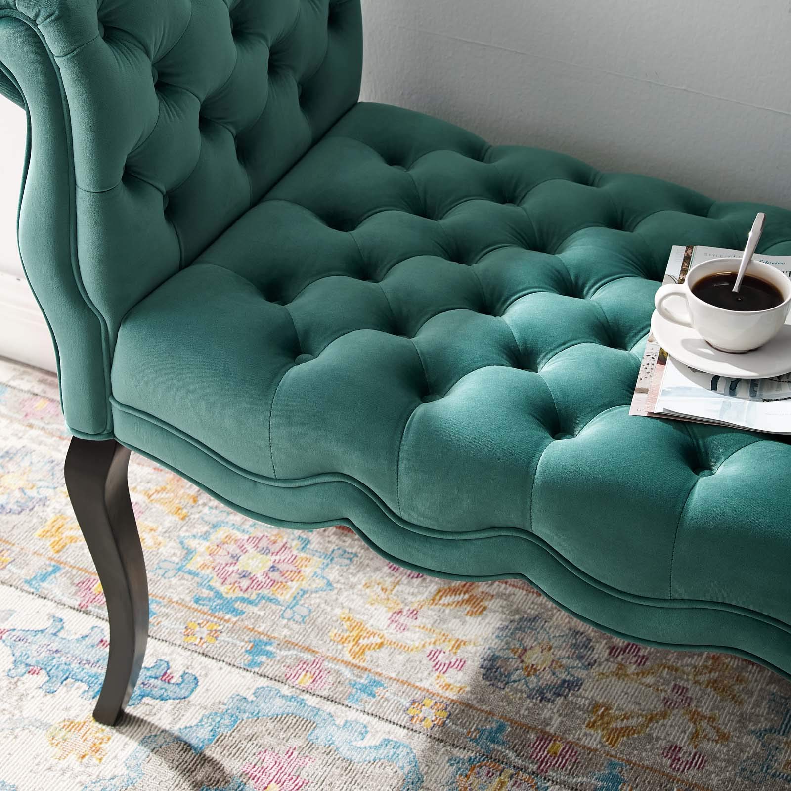 Modway Adelia Chesterfield Style Performance Velvet Entryway Bench in Teal - Mid-Century Modern Upholstered Sofa Bench for Hallway, Bedroom & Living Room - Comfortable Seating with Storage Space