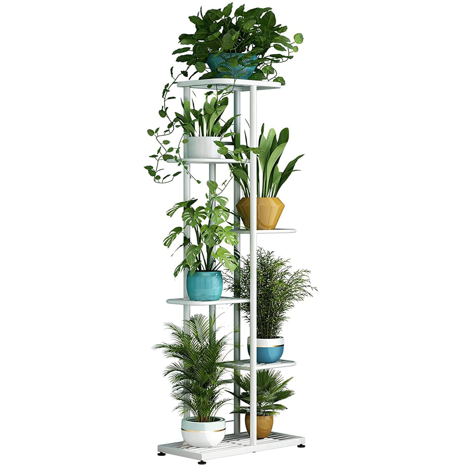 6-Tier Metal Plant Stand for Indoor & Outdoor - 7 Potted Flower Holder Shelf for Patio, Garden, Balcony & Living Room - White Planter Display Shelving Unit for Home Decor & Space Saving
