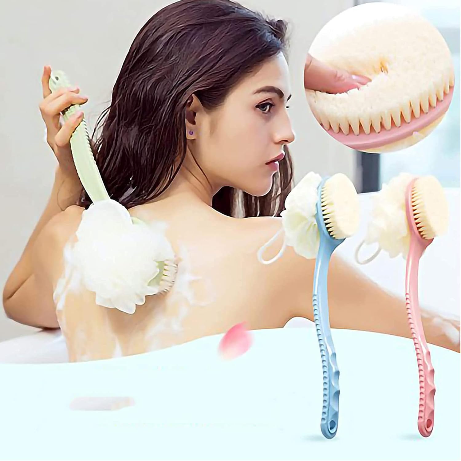 Bamyko 2-Pack Shower Body Brush with Bristles & Loofah - Exfoliating Back Scrubber & Bath Mesh Sponge - Anti-Slip Curved Handle for Wet/Dry Skin Care - Includes 2 Hooks (Perfect for Deep Cleansing & Relaxing Spa Experience)