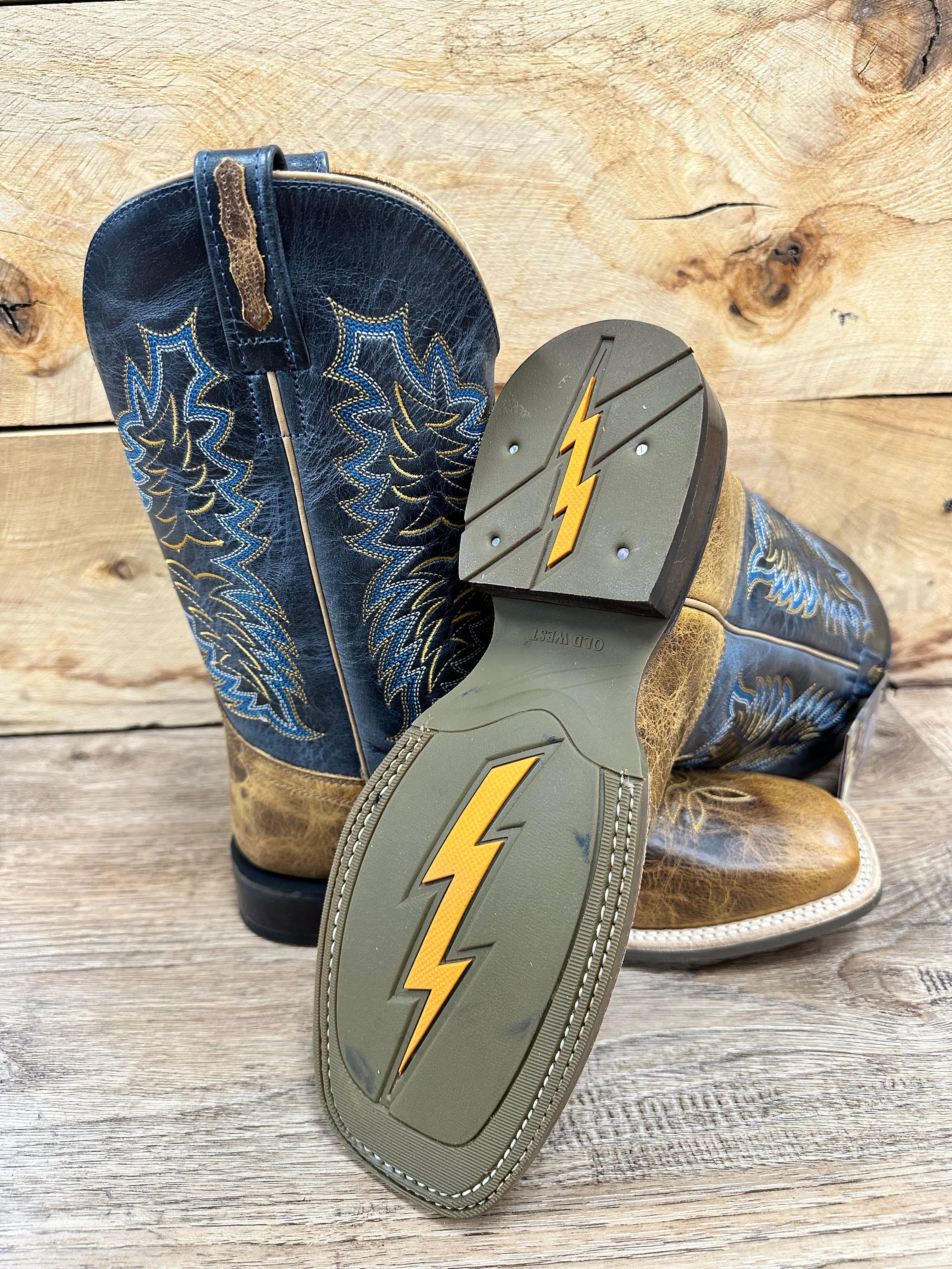 Men's Old West Boots - Burnt Brown & Navy Cowboy Boots for Western Style, Rodeo, and Country Fashion