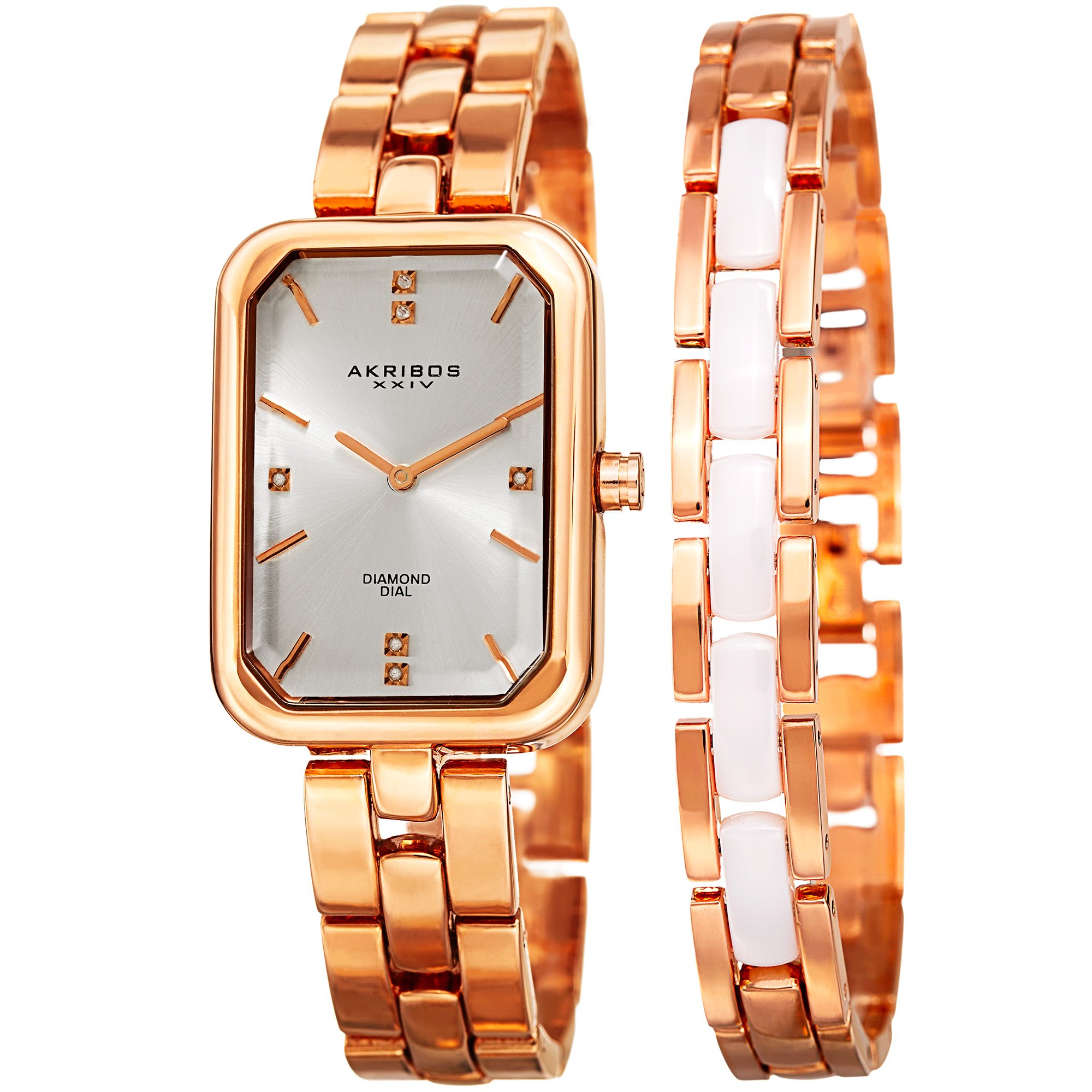 Akribos XXIV Women's Diamond Watch Set - Genuine Diamond Markers Stainless Steel Watch & Matching Bracelet - AK995 - Perfect for Gifts, Parties & Special Occasions