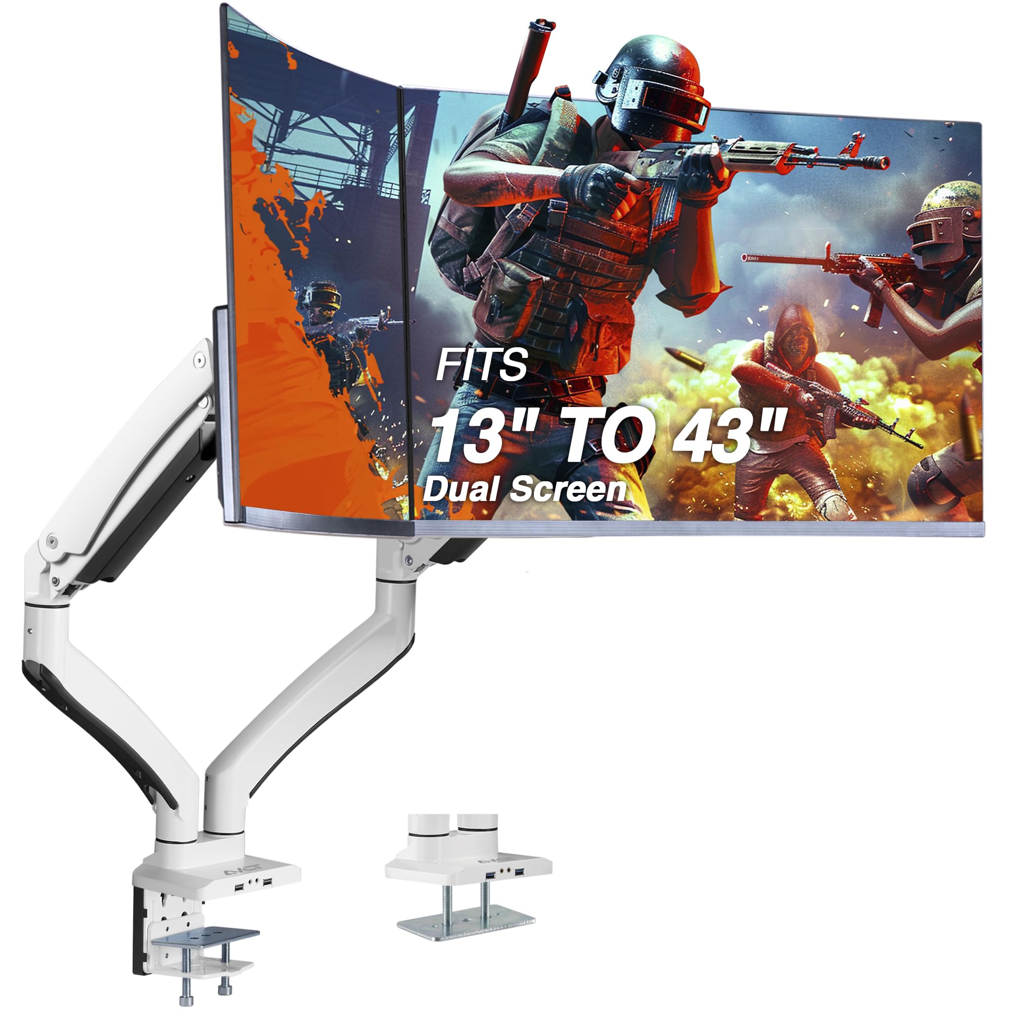 AVLT Dual Monitor Arm 13-43 Inch - Adjustable Full Motion Desk Mount for 2 Flat or Curved Screens with Height, Swivel, Tilt & Rotation - White (VESA 75x75/100x100) - C-Clamp/Grommet Mount & Cable Management - Perfect for Home Office, Gaming Setup & Workstation