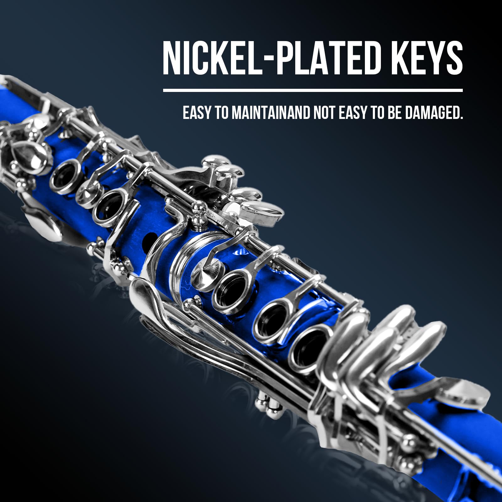 Soulmate Bb Flat 17 Nickel Keys Beginner Student Clarinet with 2 Barrels & Cleaning Kit - Blue | Perfect for School Band, Music Lessons & Practice at Home
