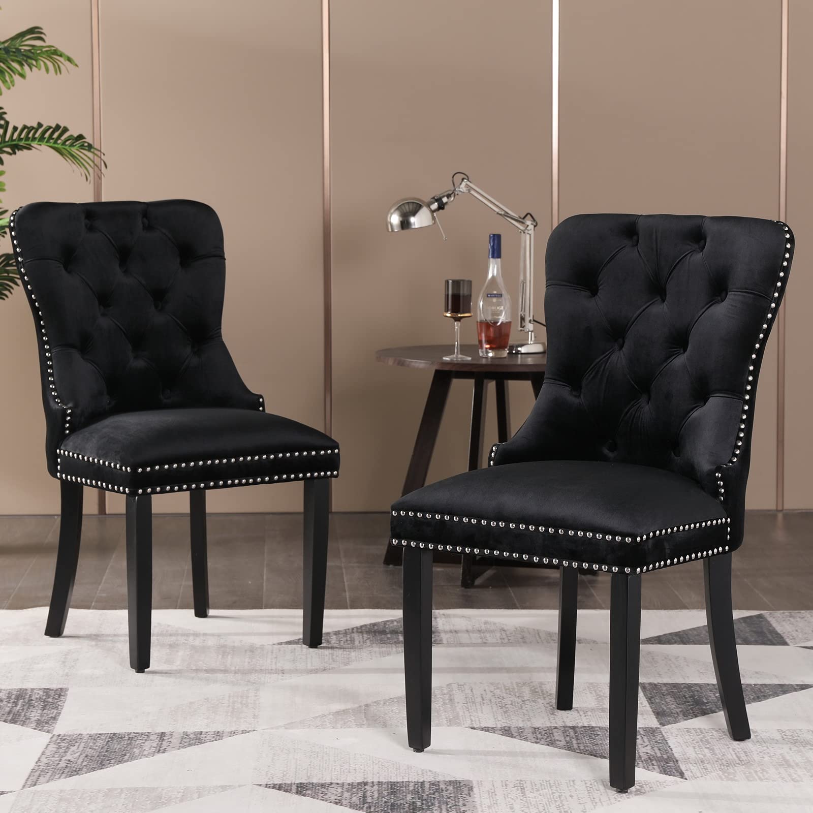 CIMOTA Velvet Black Dining Chairs Set of 2 - Modern Upholstered Tufted Side Chairs with Nailhead Trim & Solid Wood Legs for Kitchen, Dining Room, Bedroom - Elegant Seating for Dinner Parties & Home Decor