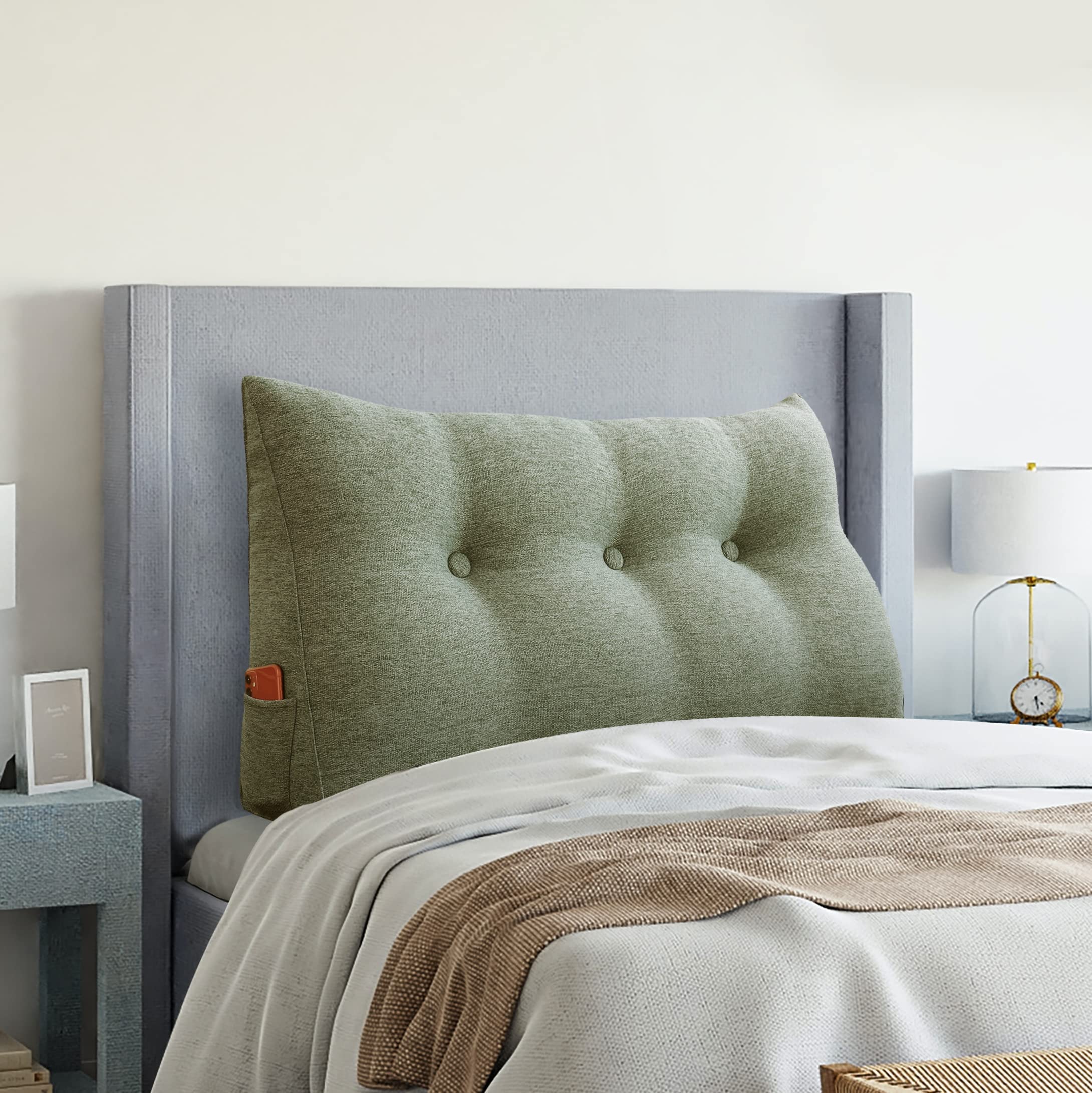 Triangular Headboard Wedge Pillow - 39 Inch Linen Green Bed Rest Pillow for Daybeds, Reading & Lumbar Support | Gap Filler & Back Cushion | Perfect for Bedrooms, Dorms & Living Rooms