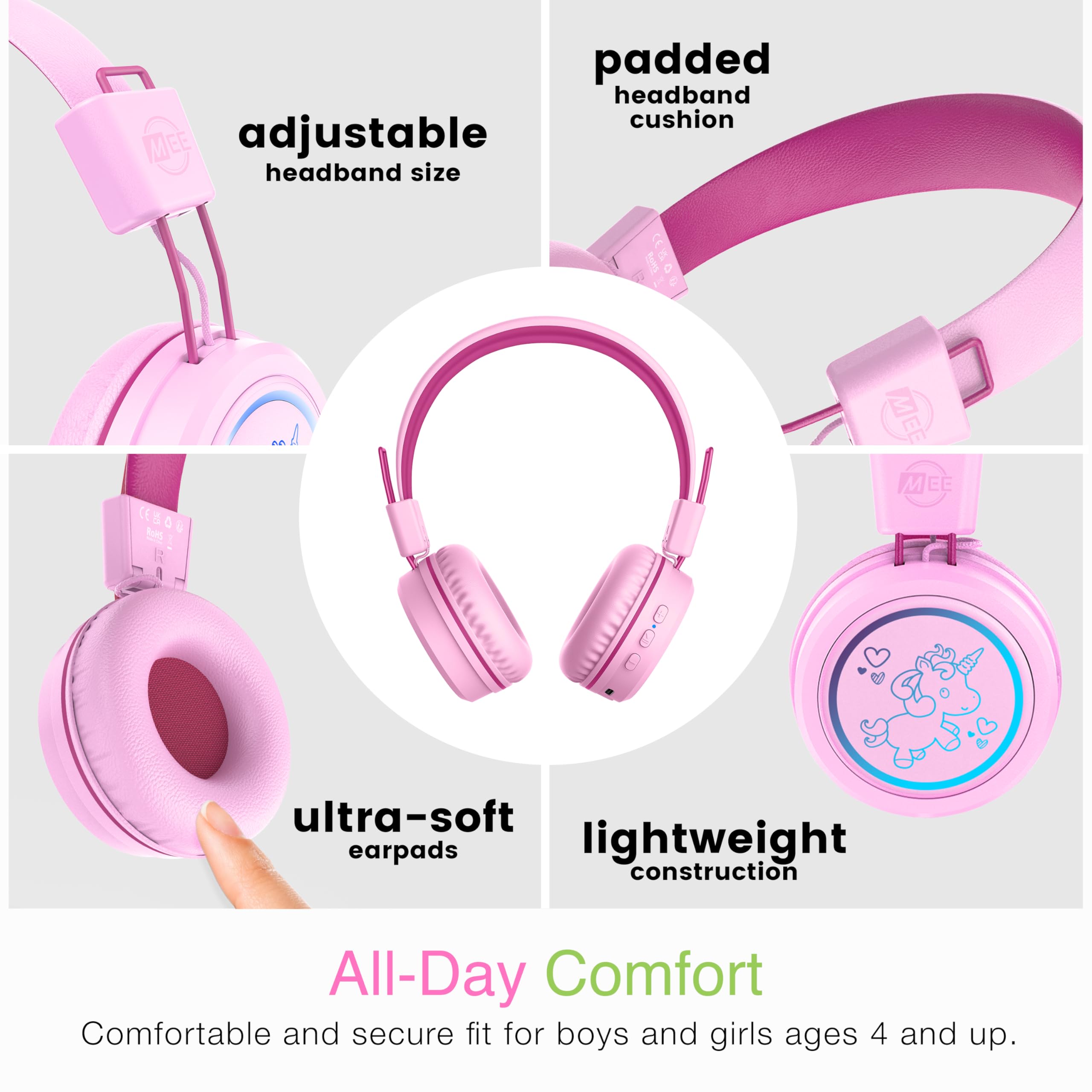 MEE audio KidJamz KJ55BT Bluetooth Wireless Kids Headphones with LED Lights - 85dB Volume Limiter, Built-in Mic & 40H Battery - Safe Listening Headphones for Children - Perfect for School, Online Learning, iPhone, iPad, Tablet & Travel (Pink)