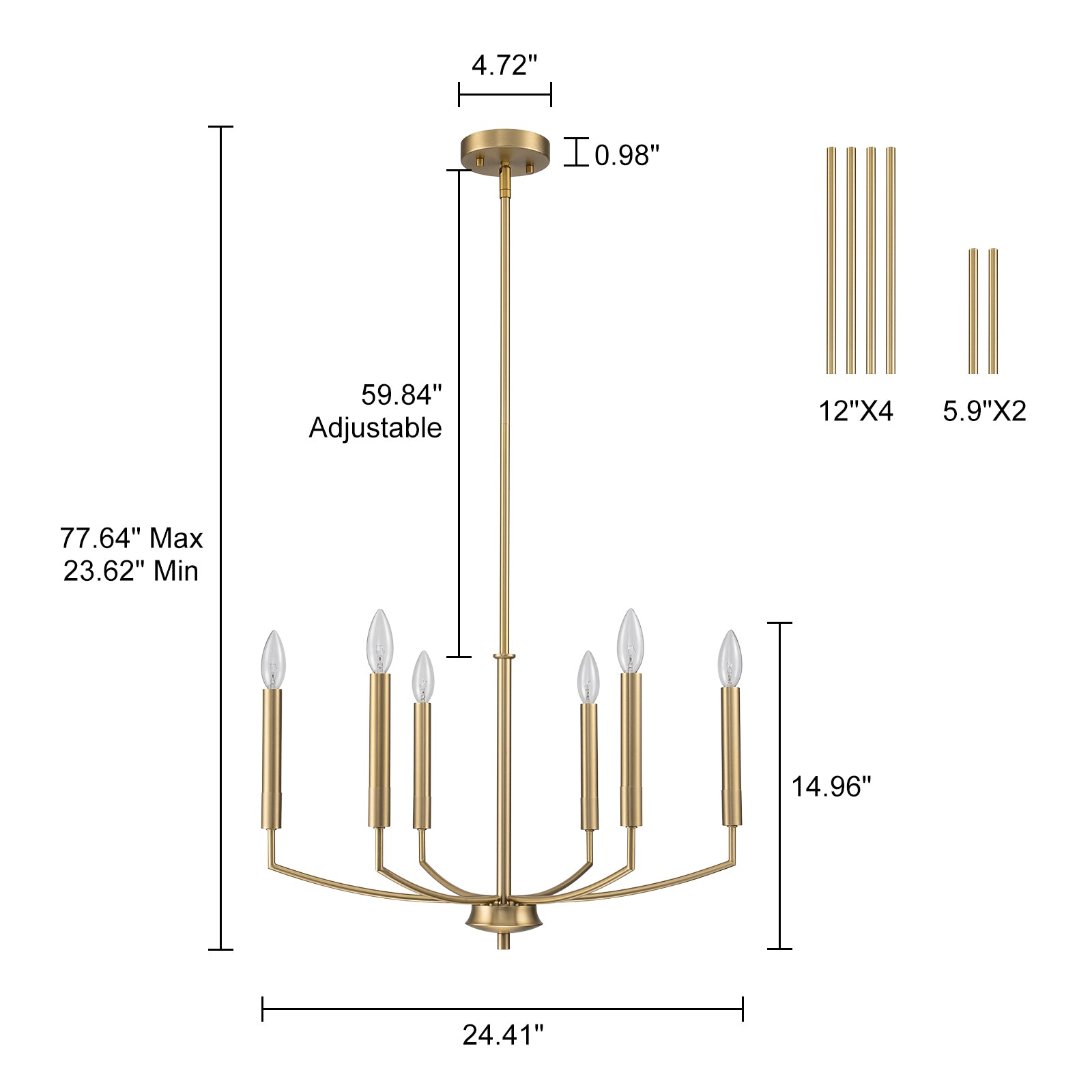 Glowlings 6-Light Classic 25-Inch Wide Brushed Gold Candle Style Chandelier - Elegant Dining Room Lighting for Farmhouse, Bedroom, or Entryway