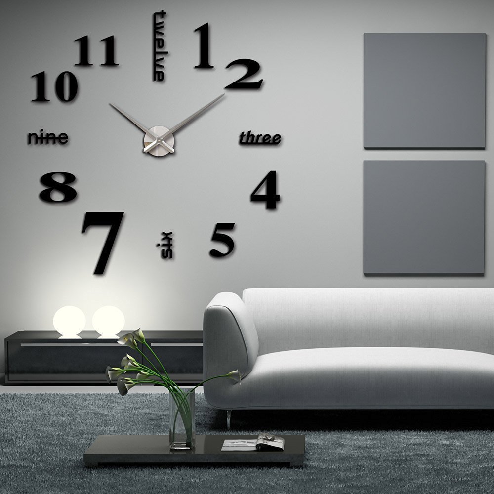 Modern 3D Frameless Large DIY Wall Clock - Silent Non-Ticking Battery Operated - Home Decor for Living Room, Bedroom, Office (Black) | Perfect for Wall Art, Gift Idea & Interior Design