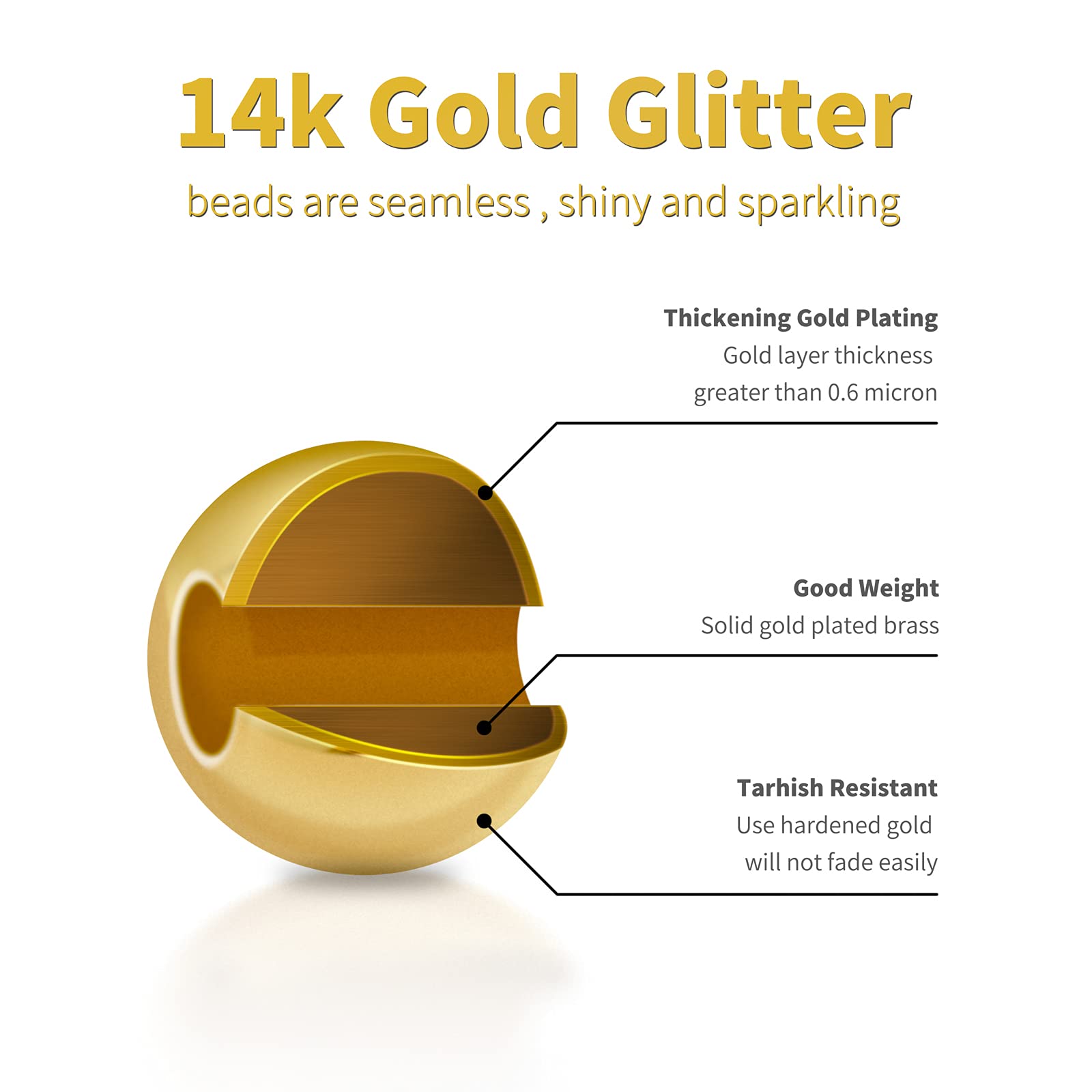 100pcs 6mm 14K Gold Plated Beads - Round Smooth Spacer Beads for Jewelry Making, Necklace, Bracelet & Earrings | Tarnish Resistant & Durable | Perfect for DIY Crafts, Gift Making & Boho Style Accessories