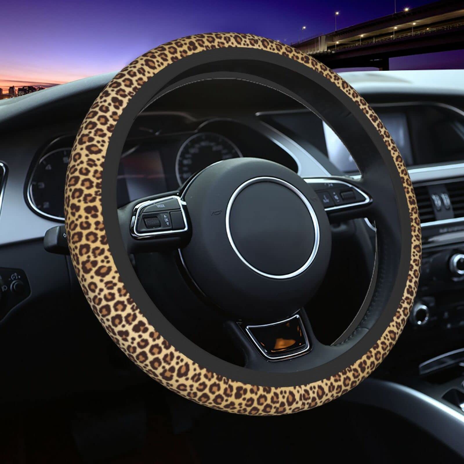 Premium Leopard Print Steering Wheel Cover - Universal Fit 15 Inch for Cars, SUVs, Trucks & Vans - Soft Brown Cheetah Pattern Protector for Men & Women - Perfect for Road Trips & Daily Commuting
