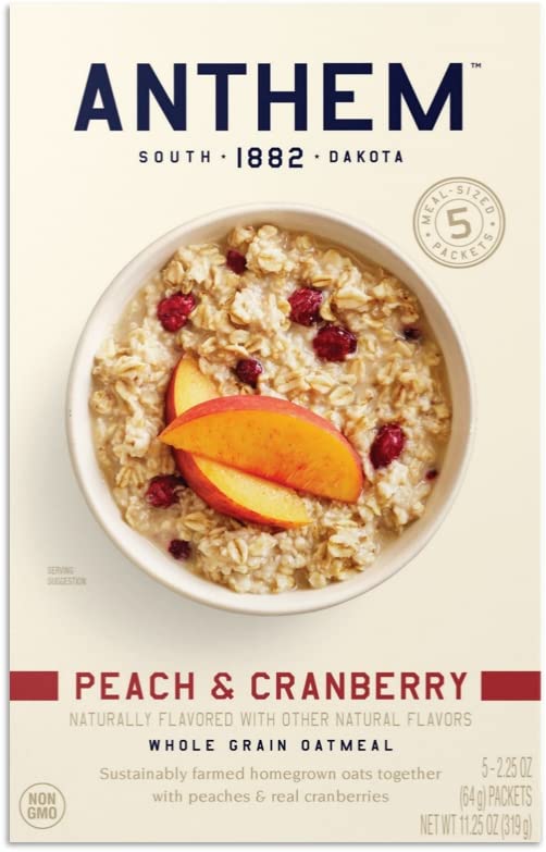 Anthem Peach & Cranberry Instant Oatmeal - Whole Grain Oats with Real Fruit - Quick & Easy Breakfast - Healthy On-the-Go Snack - 11.25 Oz Pack - Perfect for Busy Mornings, Office Meals, and Travel