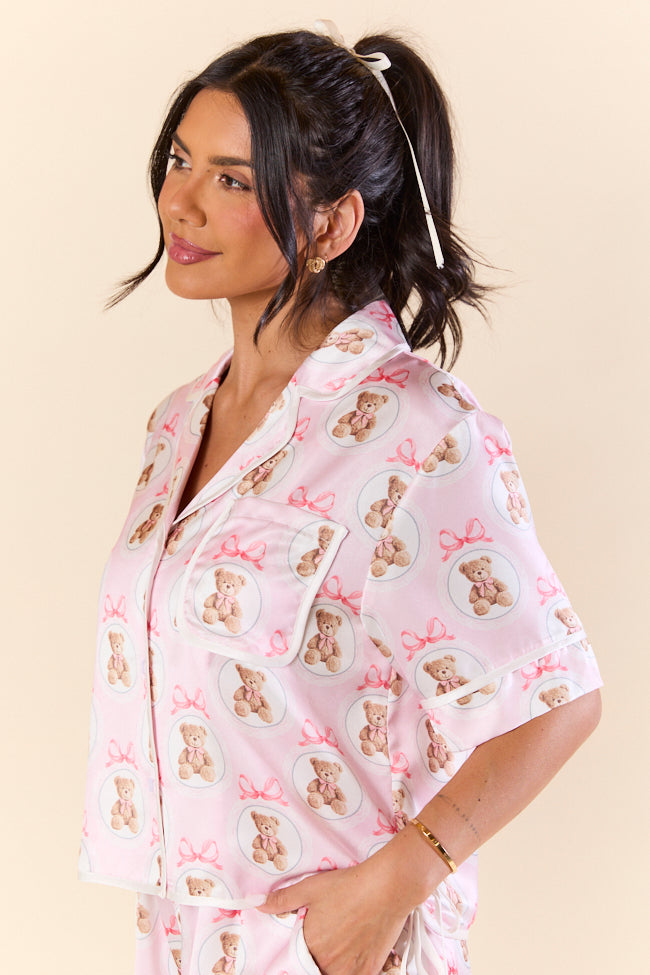 Cozy Teddy Bear Print Contrast Tie Detail Satin Short Sleeve Pajama Top for Women - Soft Sleepwear for Relaxing at Home & Cute Loungewear