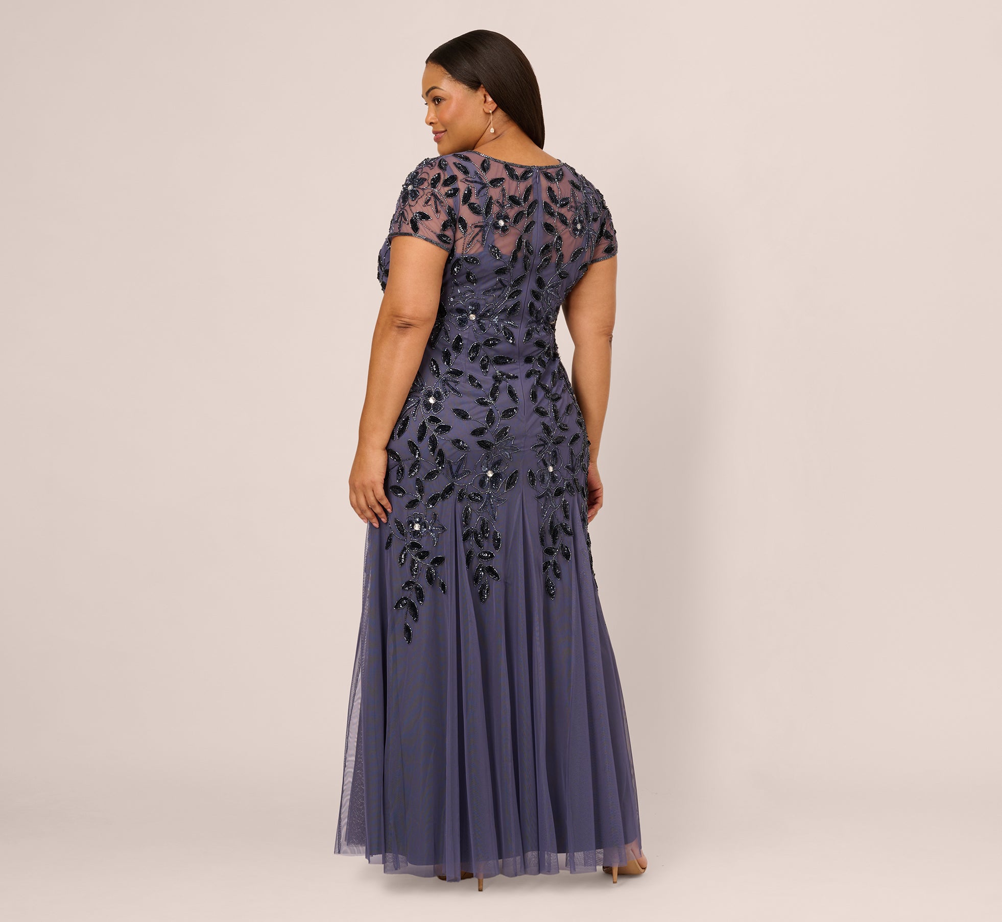 Plus Size Hand Beaded Short Sleeve Floral Godet Gown In Smoky Peri - Elegant Evening Dress for Women, Wedding Guest Dress, Special Occasion Gown