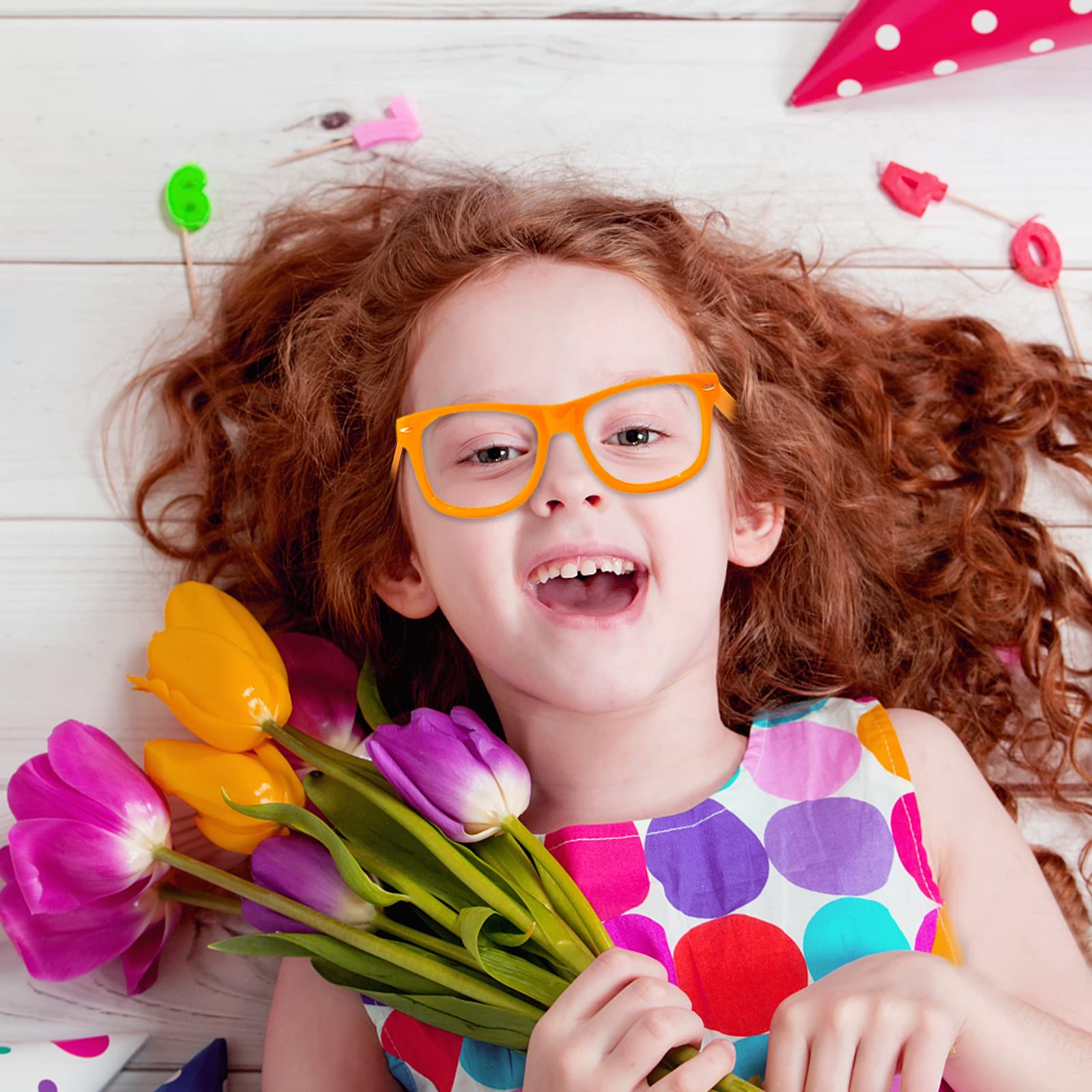12 Pack Kids Orange Pretend Play Glasses - Bulk No Lens Fake Eyewear for Boys & Girls Birthday Party Favors, Costume Accessories, Dress Up and Role Play Fun